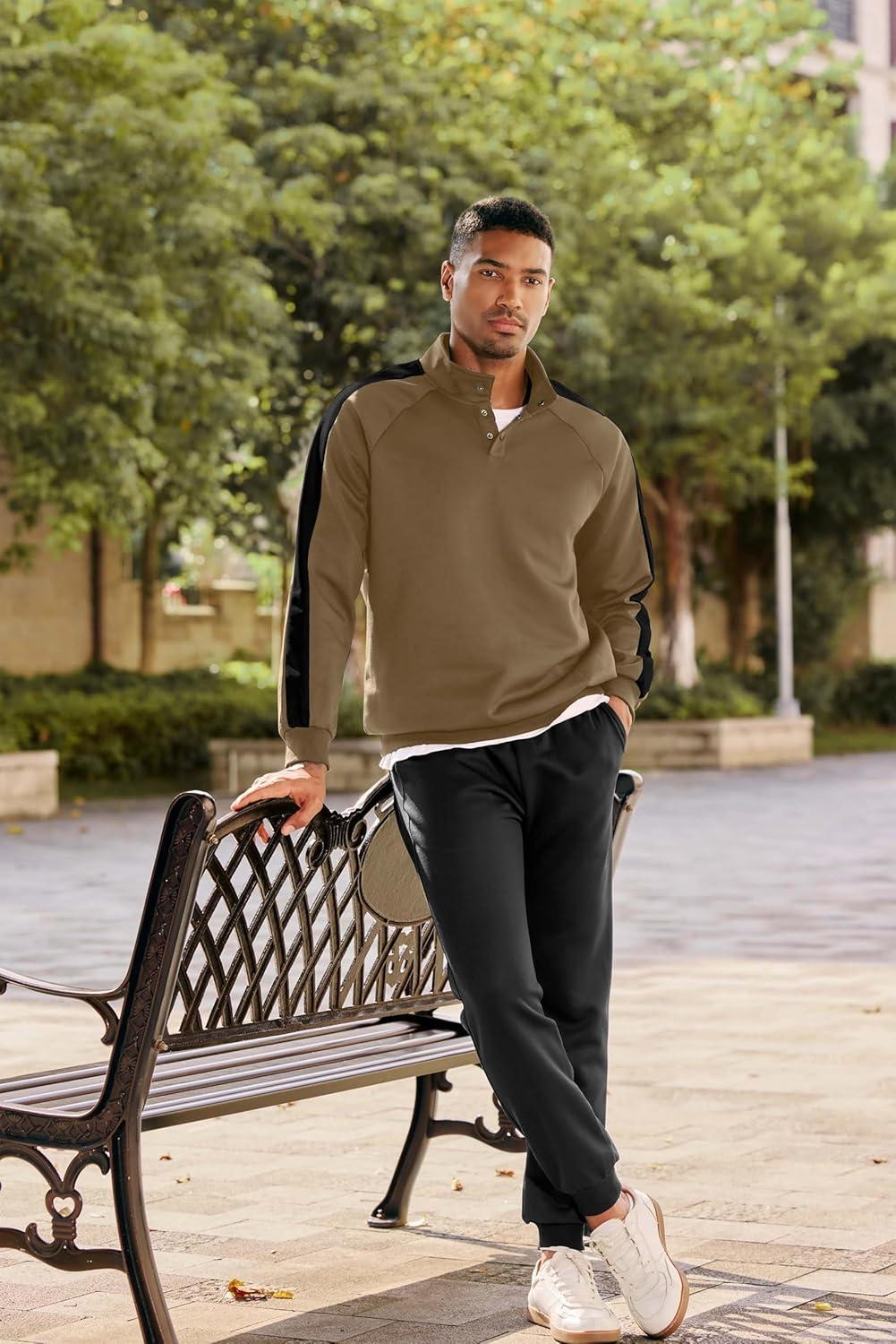 imageJMIERR Mens 2 Piece Casual Outfits Quarter Button Lightweight Sweatshirt Tracksuit ampamp Joggers Sweatpants Sweatsuit SetKhaki