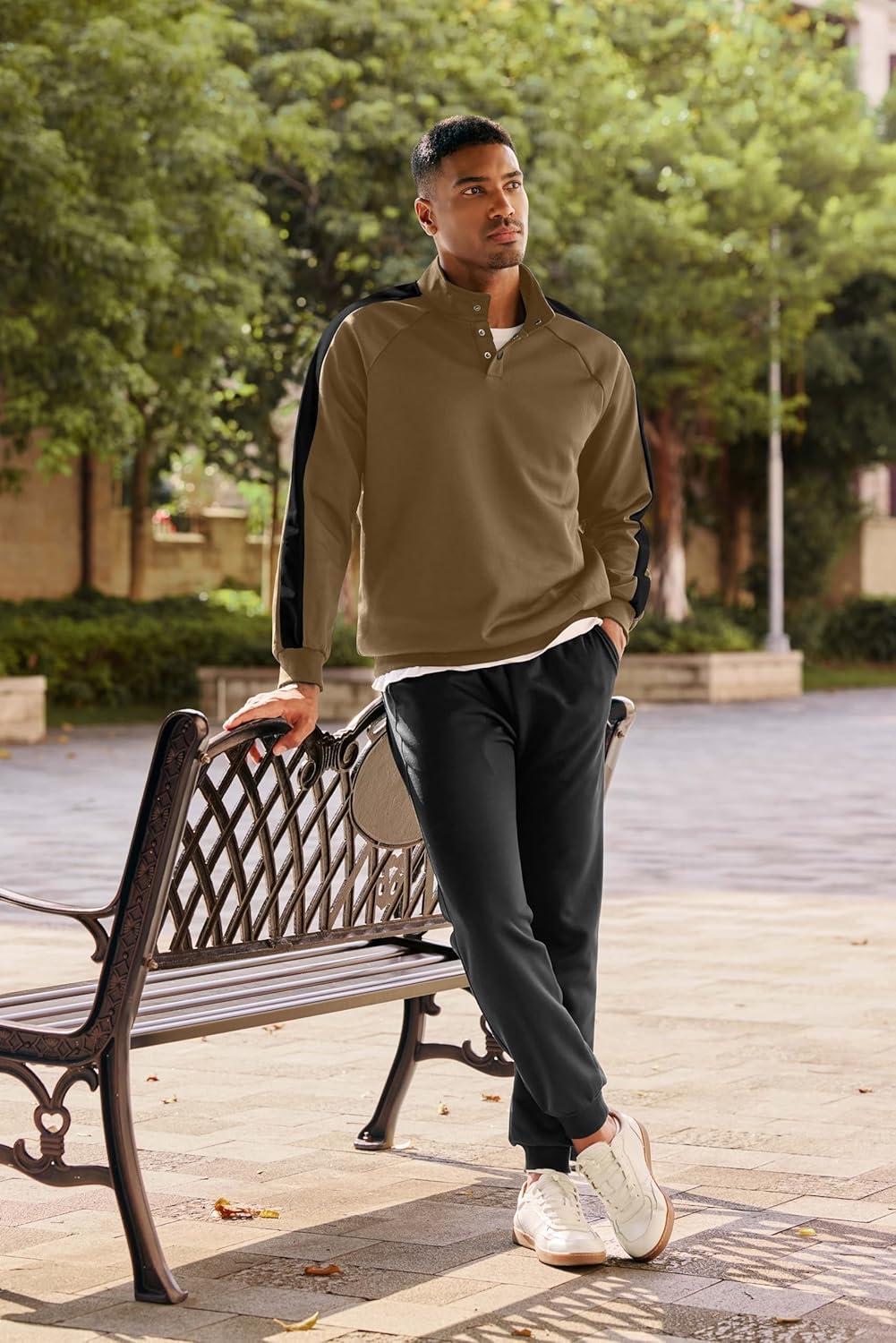 imageJMIERR Mens 2 Piece Casual Outfits Quarter Button Lightweight Sweatshirt Tracksuit ampamp Joggers Sweatpants Sweatsuit SetKhaki