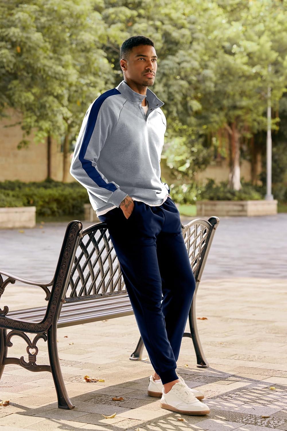 imageJMIERR Mens 2 Piece Casual Outfits Quarter Button Lightweight Sweatshirt Tracksuit ampamp Joggers Sweatpants Sweatsuit SetLight Grey