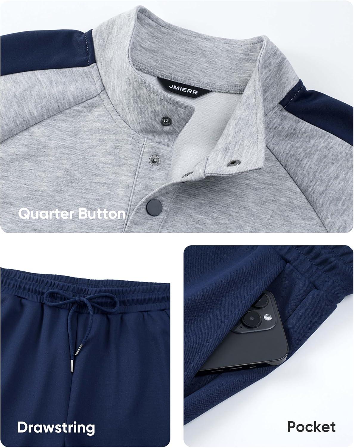 imageJMIERR Mens 2 Piece Casual Outfits Quarter Button Lightweight Sweatshirt Tracksuit ampamp Joggers Sweatpants Sweatsuit SetLight Grey