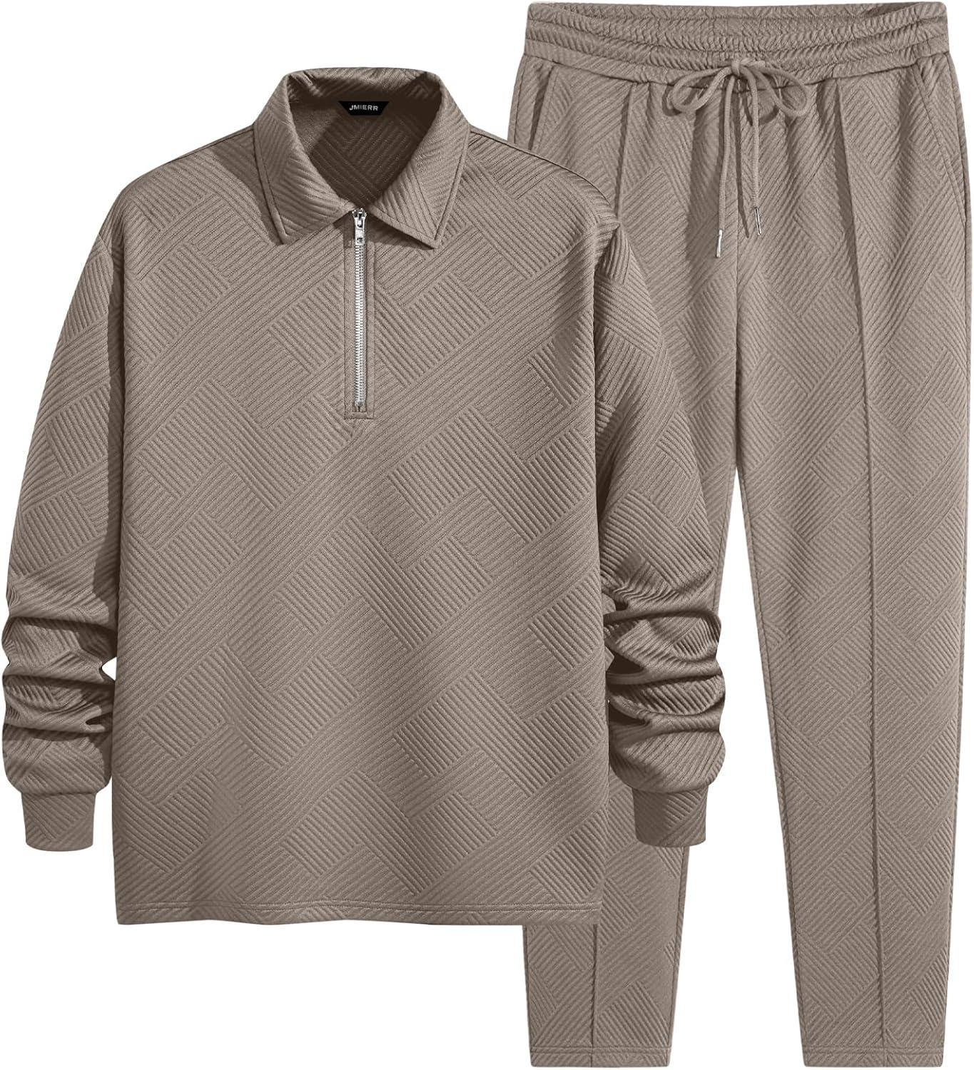 imageJMIERR Mens 2 Piece Outfits Quarter Zipper Polo Shirt Tracksuit ampamp Joggers Sweatpants Sweatsuit Sets JacquardBeige