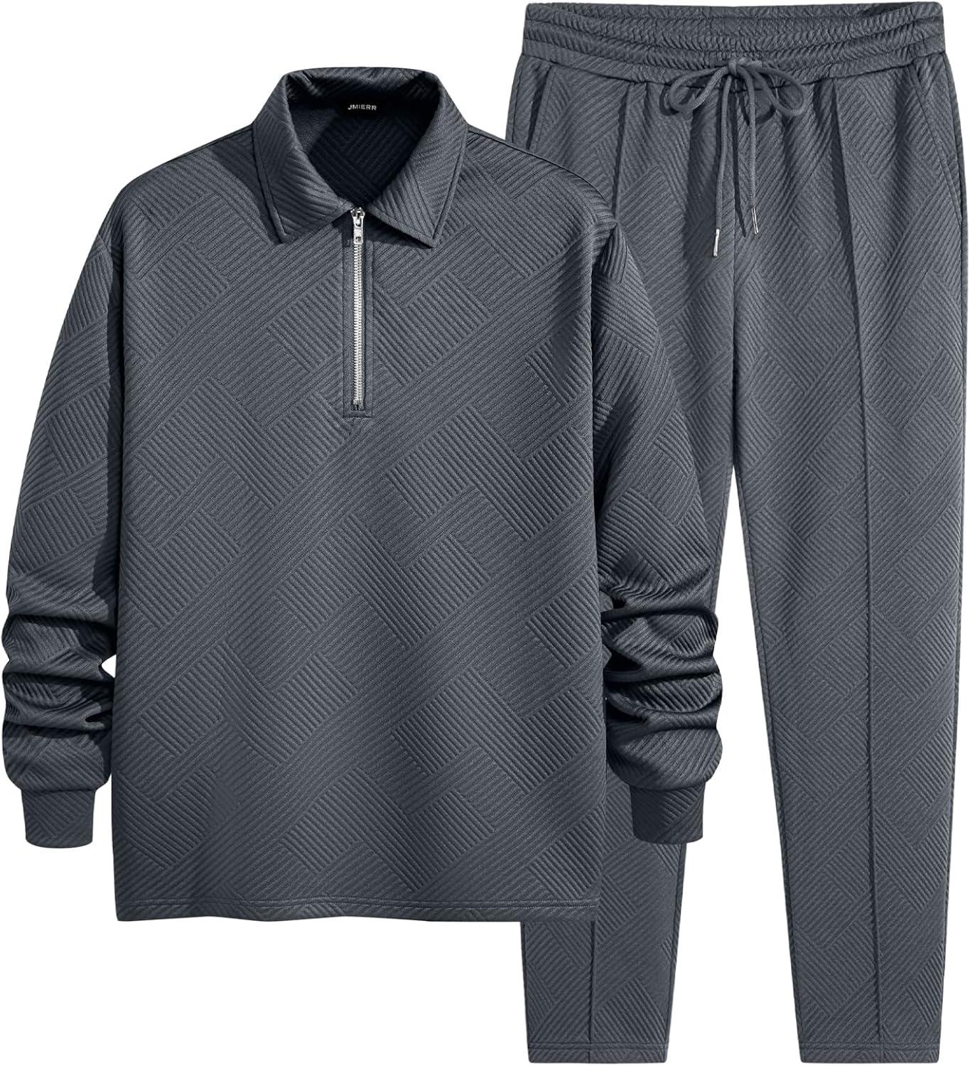imageJMIERR Mens 2 Piece Outfits Quarter Zipper Polo Shirt Tracksuit ampamp Joggers Sweatpants Sweatsuit Sets JacquardDark Grey