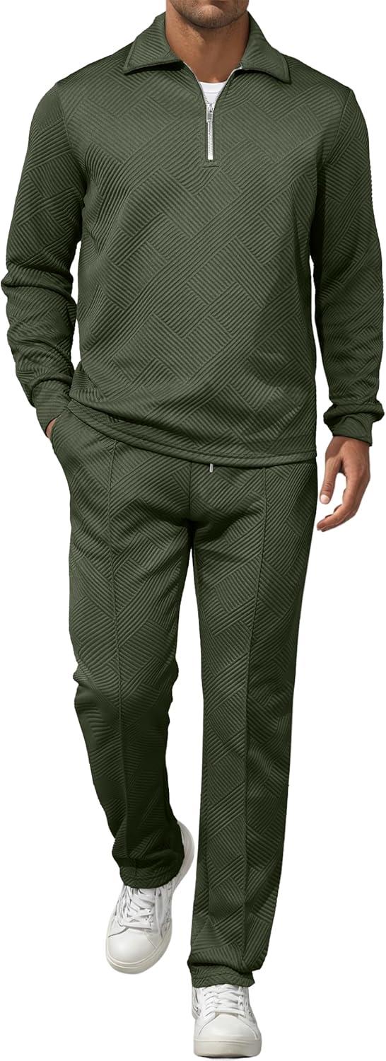 imageJMIERR Mens 2 Piece Outfits Quarter Zipper Polo Shirt Tracksuit ampamp Joggers Sweatpants Sweatsuit Sets JacquardGreen