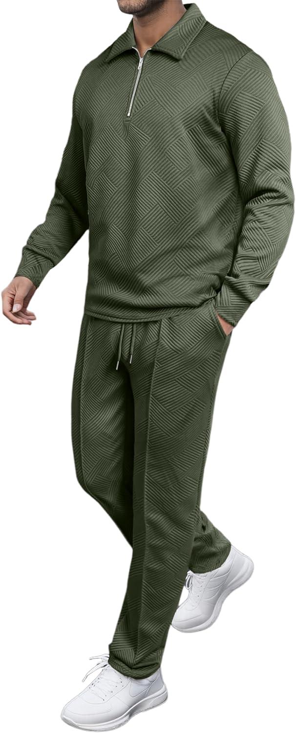 imageJMIERR Mens 2 Piece Outfits Quarter Zipper Polo Shirt Tracksuit ampamp Joggers Sweatpants Sweatsuit Sets JacquardGreen