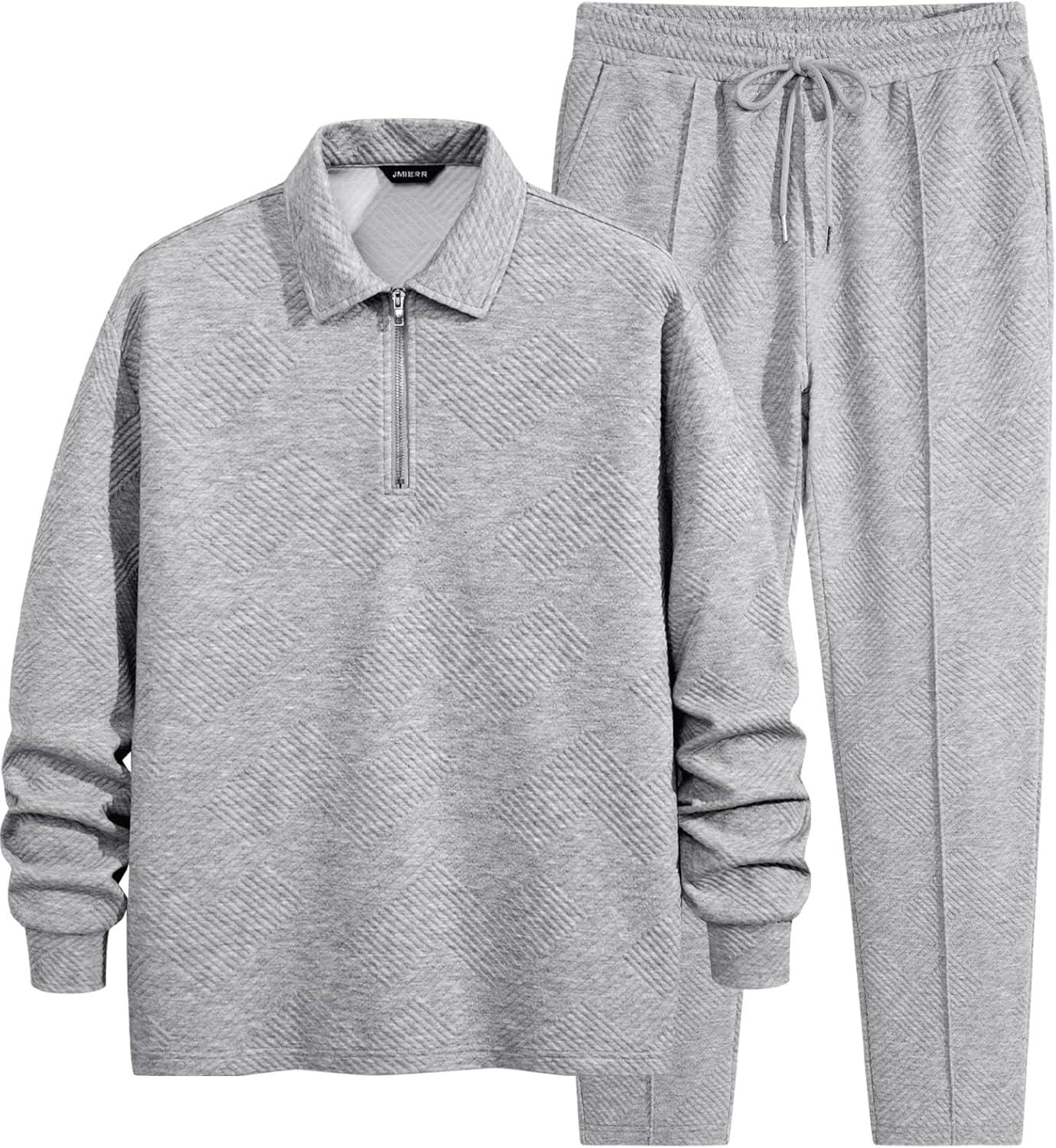 imageJMIERR Mens 2 Piece Outfits Quarter Zipper Polo Shirt Tracksuit ampamp Joggers Sweatpants Sweatsuit Sets JacquardGrey
