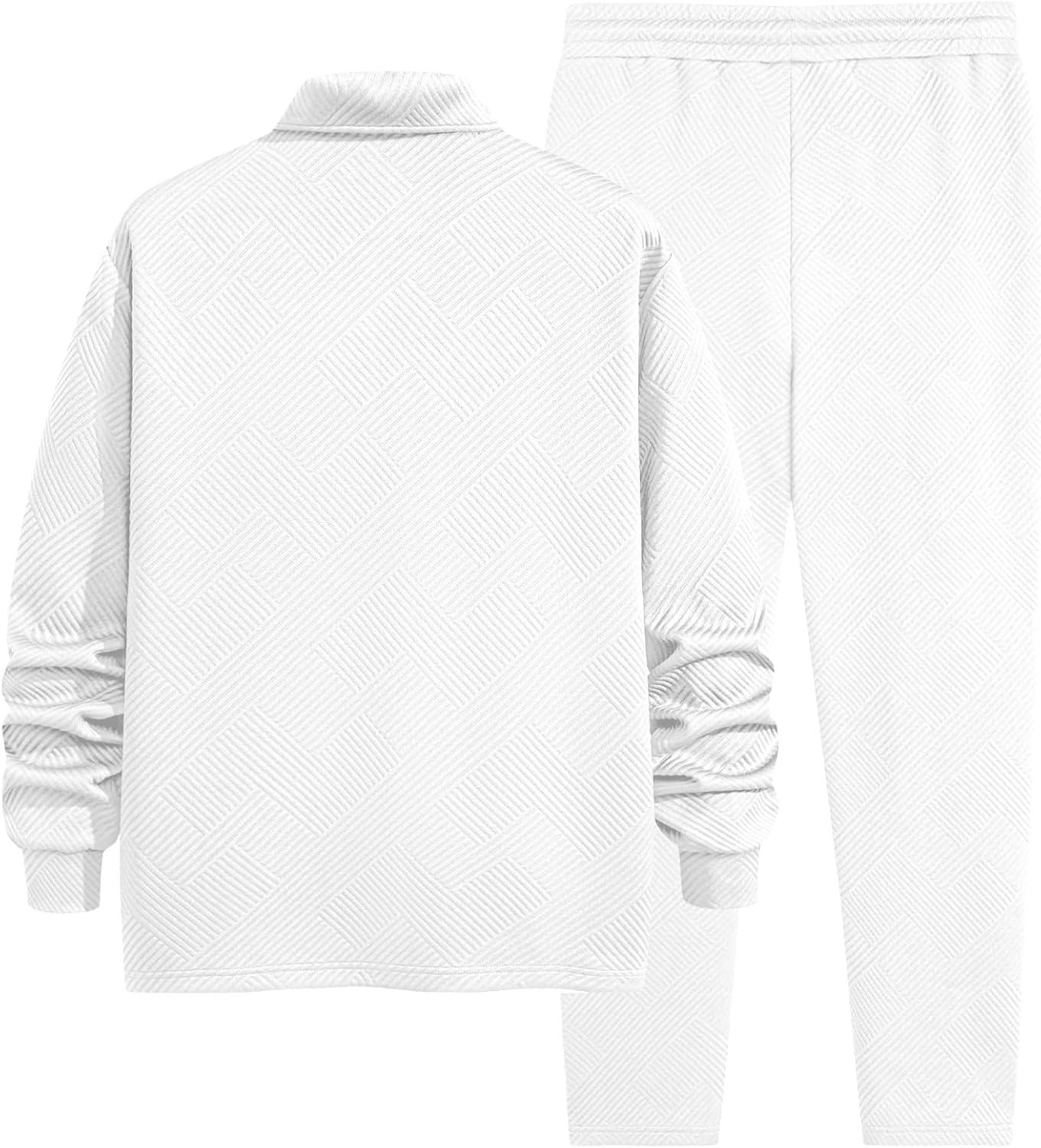 imageJMIERR Mens 2 Piece Outfits Quarter Zipper Polo Shirt Tracksuit ampamp Joggers Sweatpants Sweatsuit Sets JacquardWhite