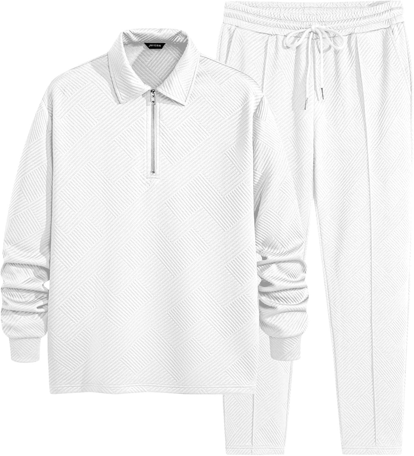 imageJMIERR Mens 2 Piece Outfits Quarter Zipper Polo Shirt Tracksuit ampamp Joggers Sweatpants Sweatsuit Sets JacquardWhite