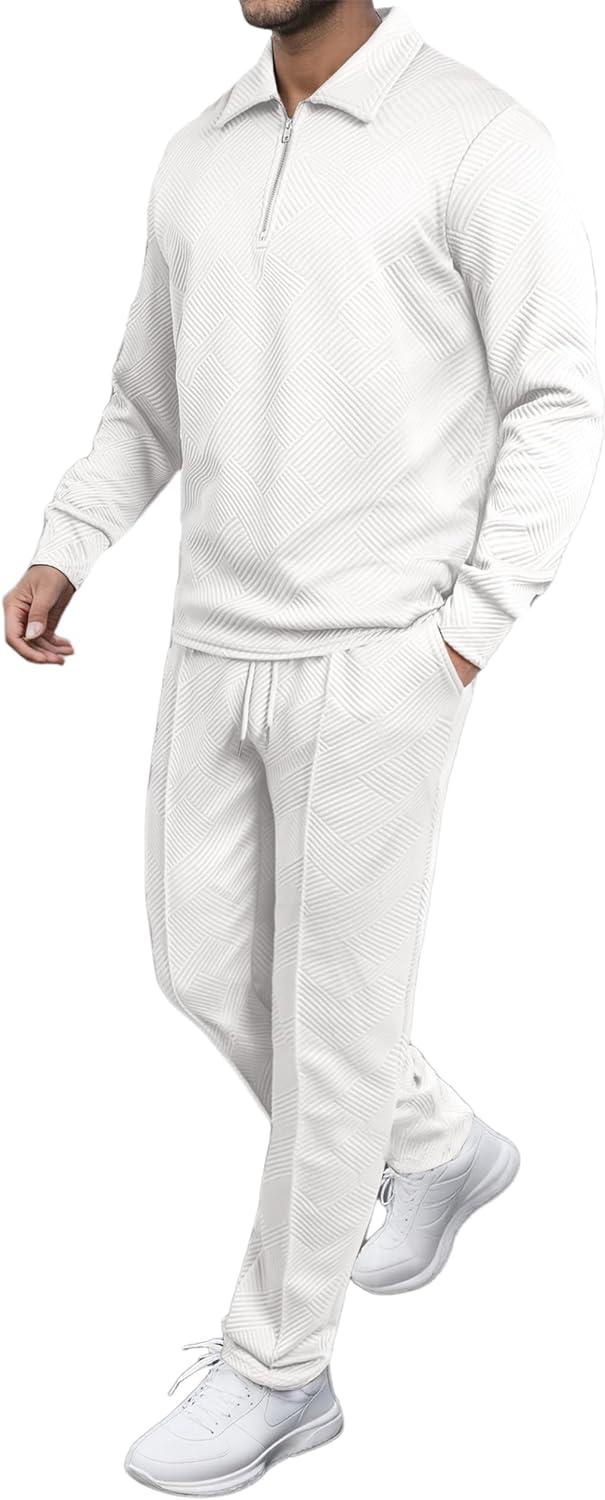 imageJMIERR Mens 2 Piece Outfits Quarter Zipper Polo Shirt Tracksuit ampamp Joggers Sweatpants Sweatsuit Sets JacquardWhite
