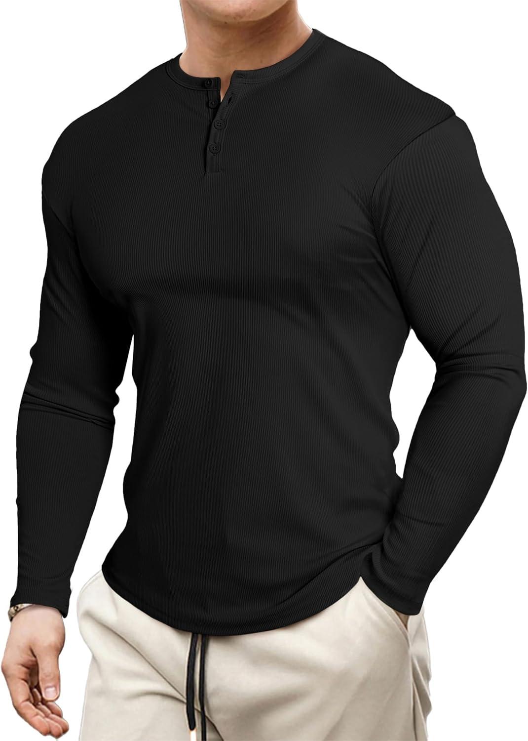 imageJMIERR Mens 2025 Fall Fashion Casual Henley Shirt Long Sleeve Slim Fitted Shirts Curved Hem for Athletic Gym Workout0 Black