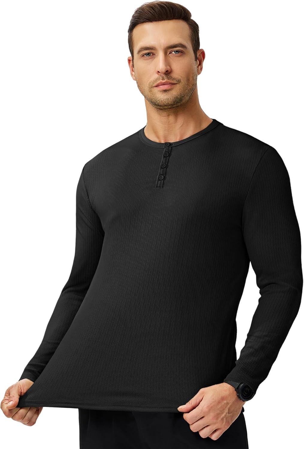 imageJMIERR Mens 2025 Fall Fashion Casual Henley Shirt Long Sleeve Slim Fitted Shirts Curved Hem for Athletic Gym Workout0 Black