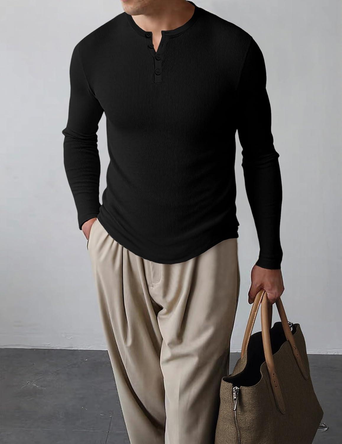 imageJMIERR Mens 2025 Fall Fashion Casual Henley Shirt Long Sleeve Slim Fitted Shirts Curved Hem for Athletic Gym Workout0 Black