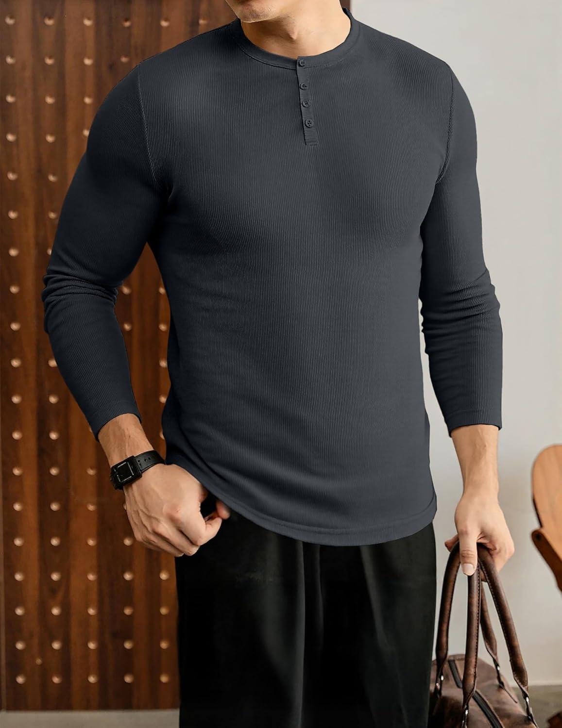 imageJMIERR Mens 2025 Fall Fashion Casual Henley Shirt Long Sleeve Slim Fitted Shirts Curved Hem for Athletic Gym WorkoutB Grey