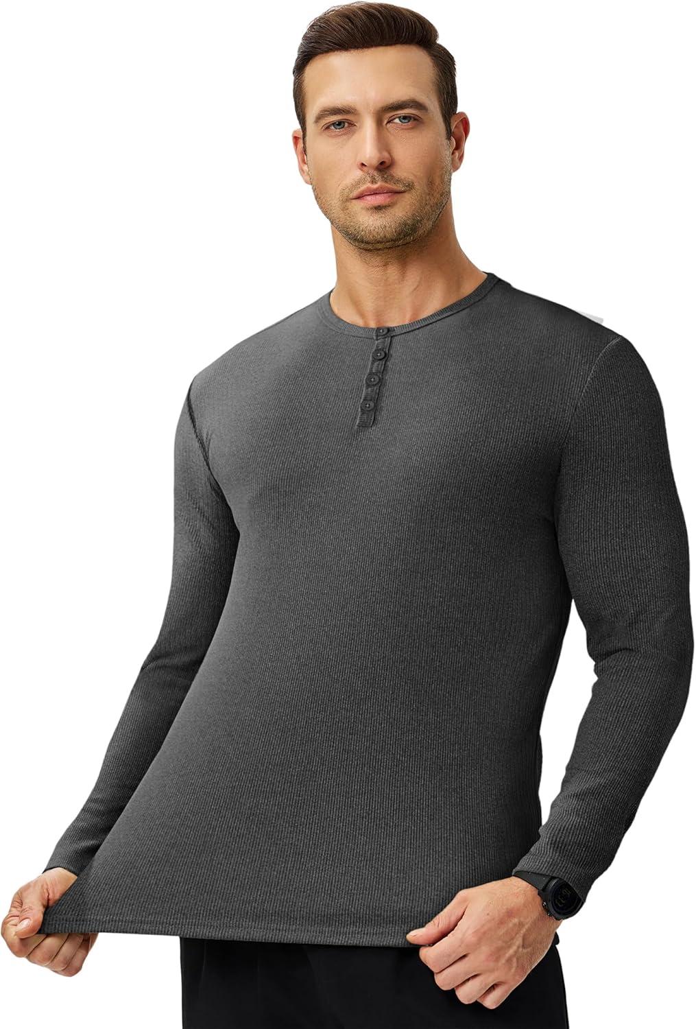 imageJMIERR Mens 2025 Fall Fashion Casual Henley Shirt Long Sleeve Slim Fitted Shirts Curved Hem for Athletic Gym WorkoutB Grey