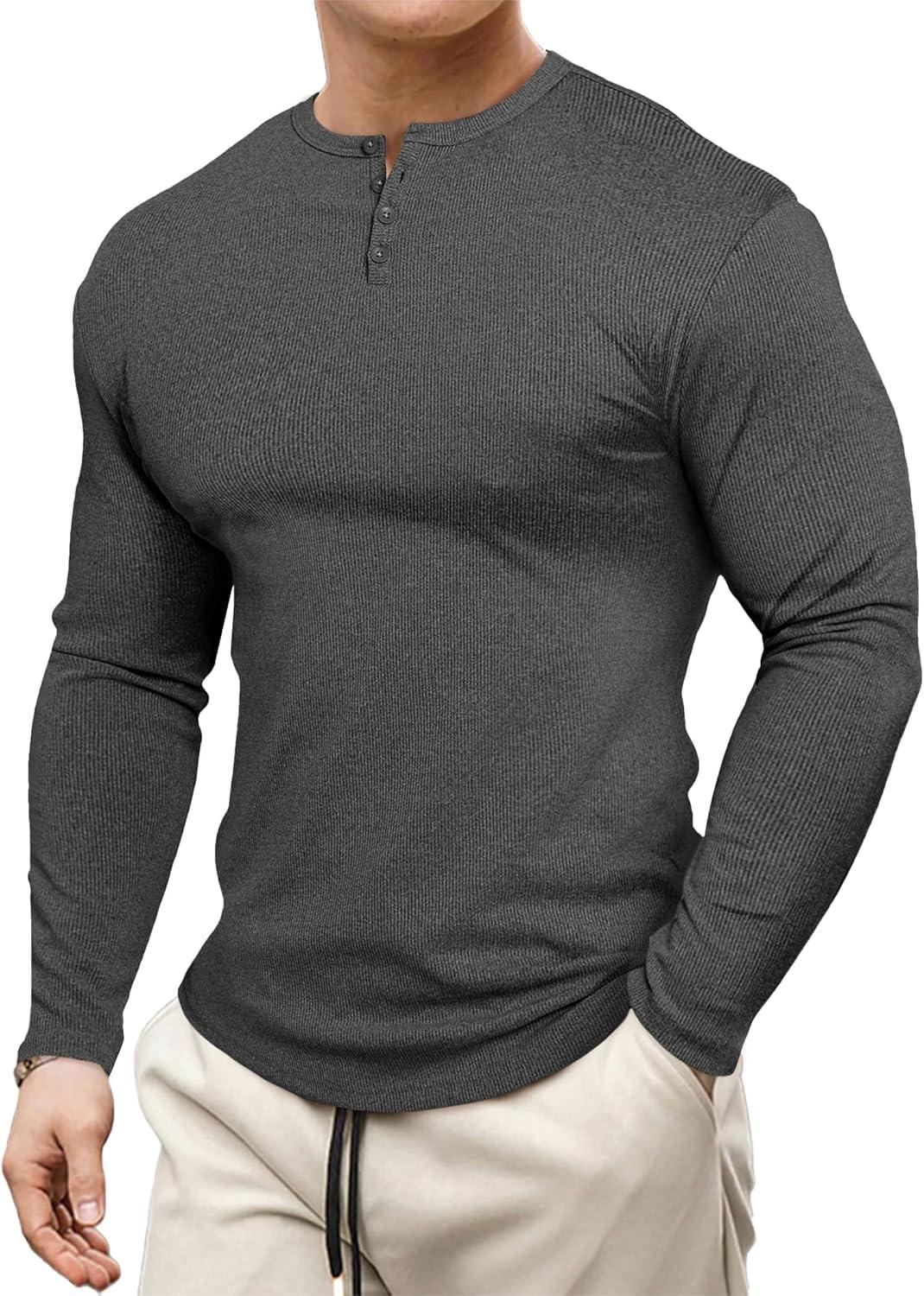 imageJMIERR Mens 2025 Fall Fashion Casual Henley Shirt Long Sleeve Slim Fitted Shirts Curved Hem for Athletic Gym WorkoutB Grey
