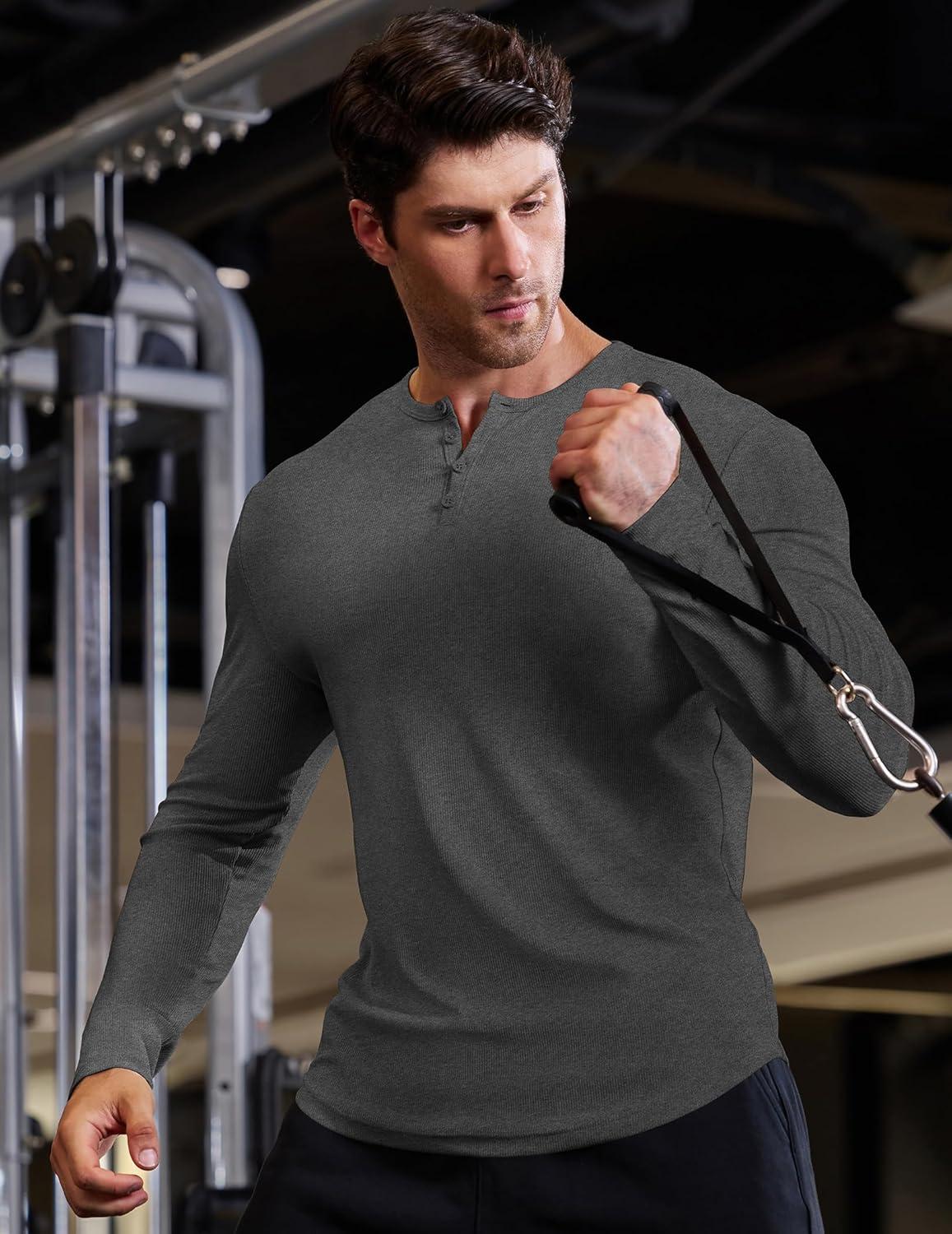 imageJMIERR Mens 2025 Fall Fashion Casual Henley Shirt Long Sleeve Slim Fitted Shirts Curved Hem for Athletic Gym WorkoutB Grey