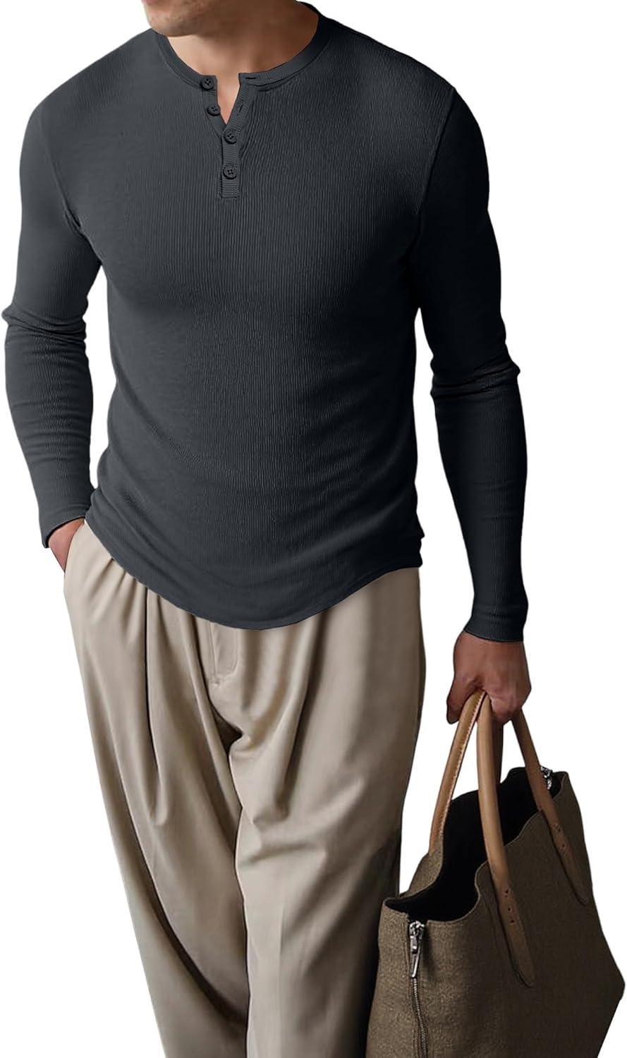 imageJMIERR Mens 2025 Fall Fashion Casual Henley Shirt Long Sleeve Slim Fitted Shirts Curved Hem for Athletic Gym WorkoutB Grey