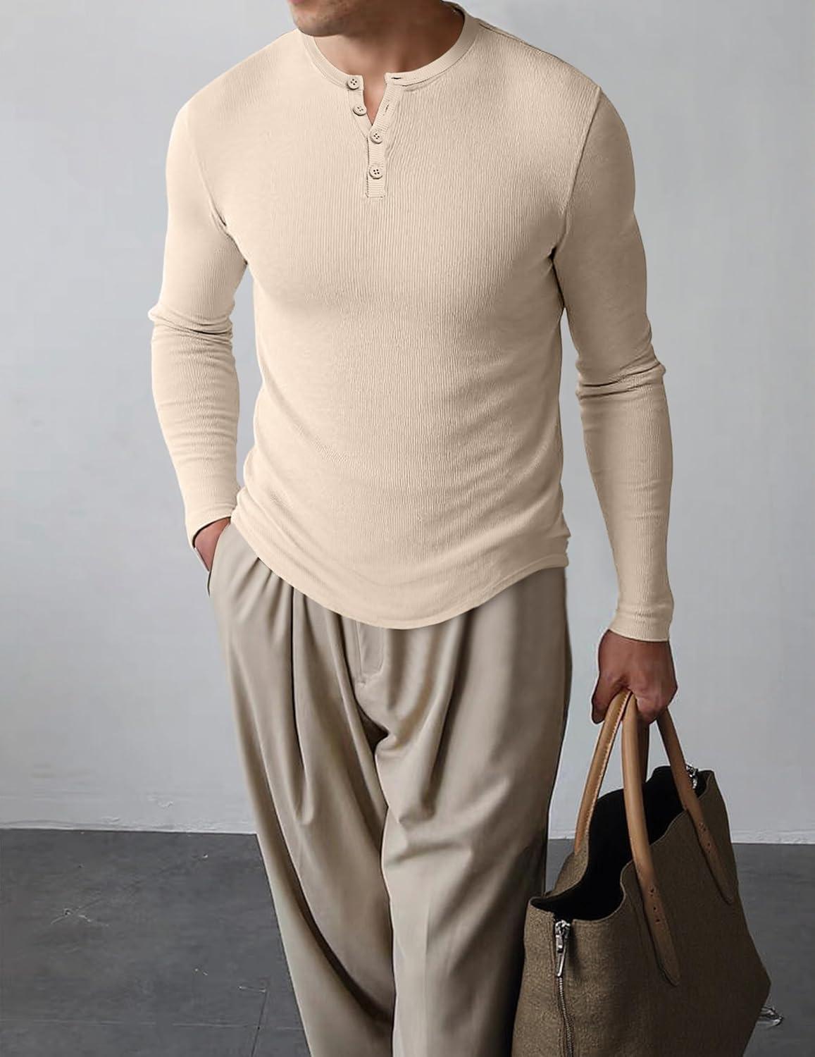 imageJMIERR Mens 2025 Fall Fashion Casual Henley Shirt Long Sleeve Slim Fitted Shirts Curved Hem for Athletic Gym WorkoutC Beige