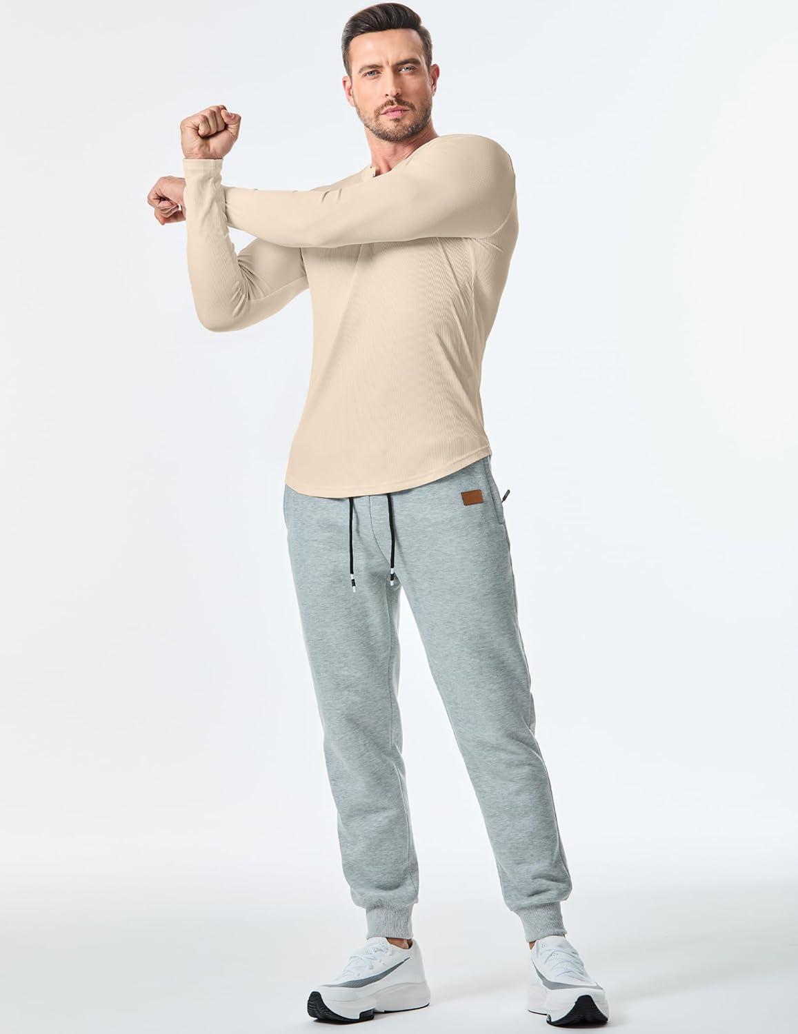 imageJMIERR Mens 2025 Fall Fashion Casual Henley Shirt Long Sleeve Slim Fitted Shirts Curved Hem for Athletic Gym WorkoutC Beige