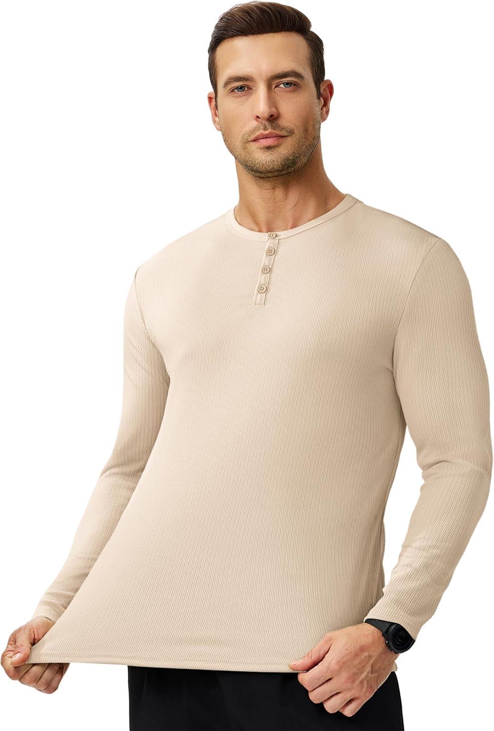 imageJMIERR Mens 2025 Fall Fashion Casual Henley Shirt Long Sleeve Slim Fitted Shirts Curved Hem for Athletic Gym WorkoutC Beige