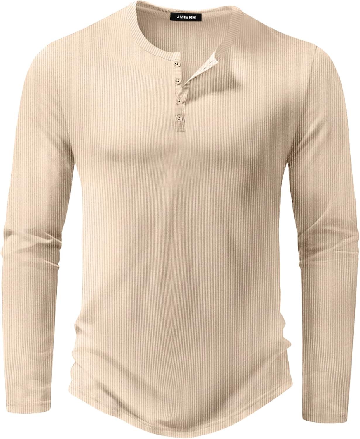imageJMIERR Mens 2025 Fall Fashion Casual Henley Shirt Long Sleeve Slim Fitted Shirts Curved Hem for Athletic Gym WorkoutC Beige
