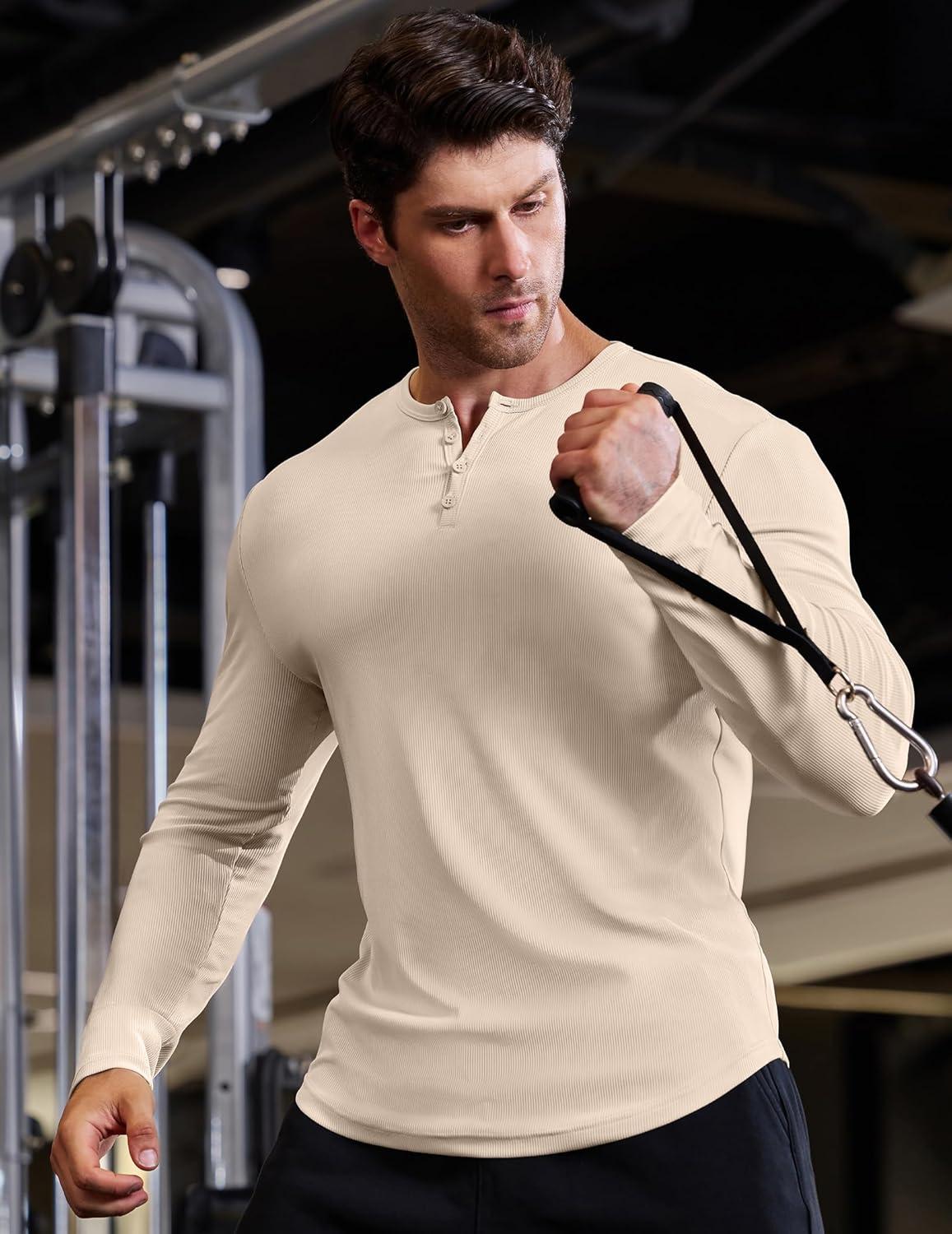 imageJMIERR Mens 2025 Fall Fashion Casual Henley Shirt Long Sleeve Slim Fitted Shirts Curved Hem for Athletic Gym WorkoutC Beige