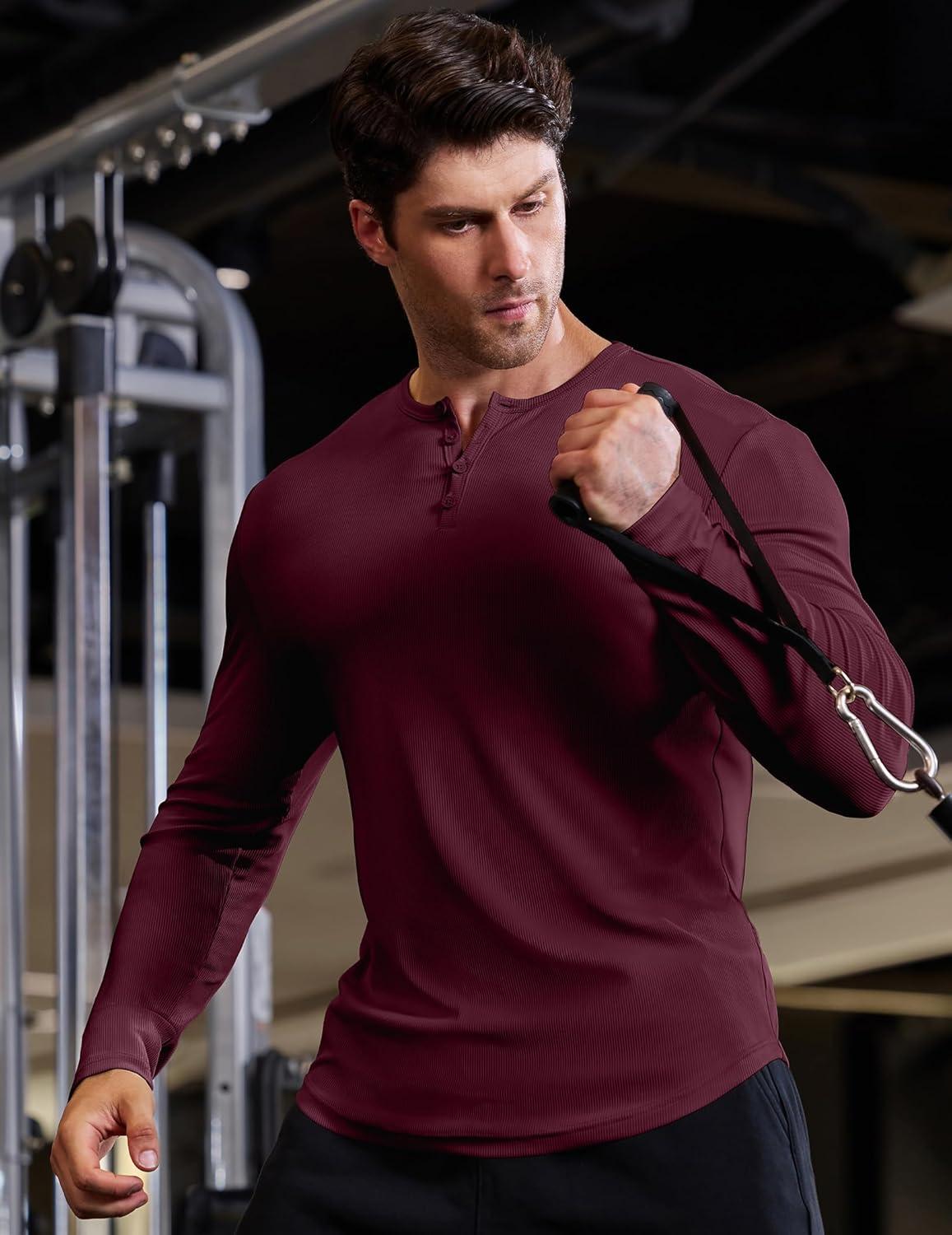 imageJMIERR Mens 2025 Fall Fashion Casual Henley Shirt Long Sleeve Slim Fitted Shirts Curved Hem for Athletic Gym WorkoutC Red