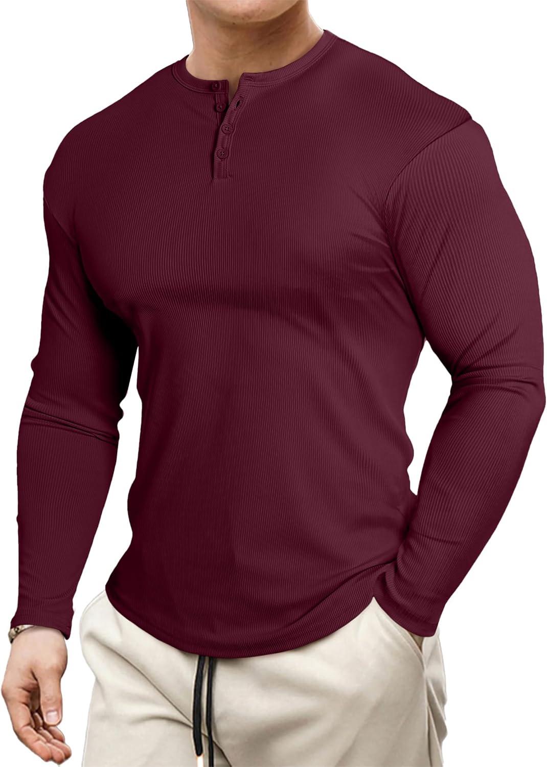 imageJMIERR Mens 2025 Fall Fashion Casual Henley Shirt Long Sleeve Slim Fitted Shirts Curved Hem for Athletic Gym WorkoutC Red