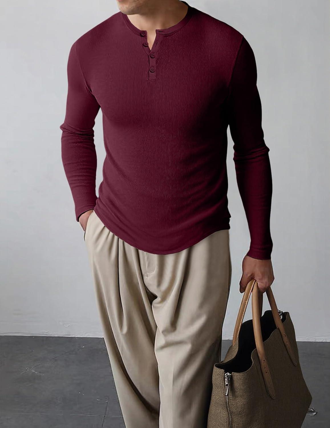 imageJMIERR Mens 2025 Fall Fashion Casual Henley Shirt Long Sleeve Slim Fitted Shirts Curved Hem for Athletic Gym WorkoutC Red