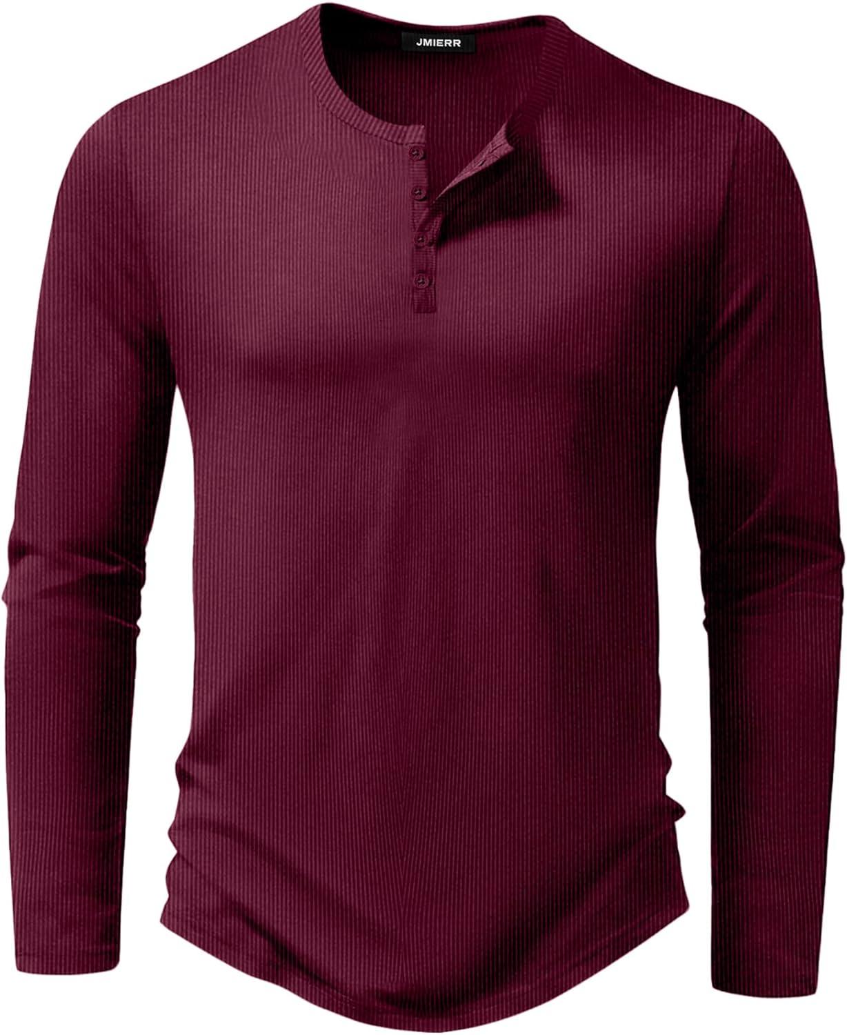 imageJMIERR Mens 2025 Fall Fashion Casual Henley Shirt Long Sleeve Slim Fitted Shirts Curved Hem for Athletic Gym WorkoutC Red