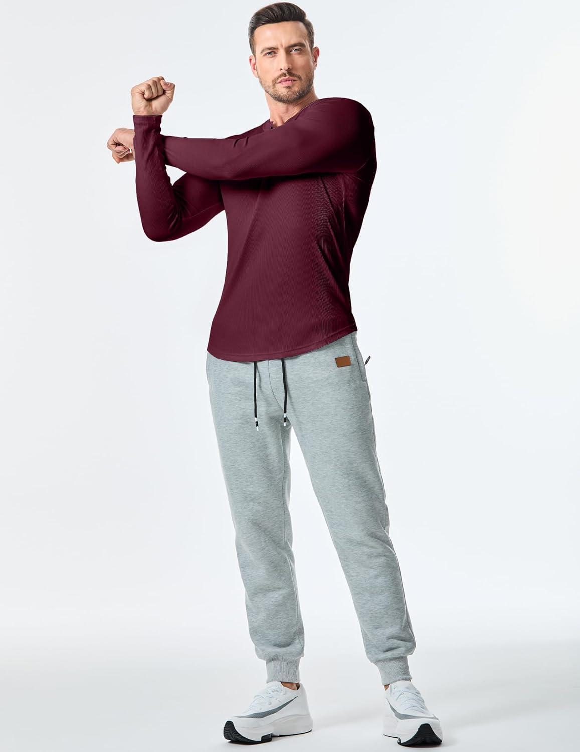 imageJMIERR Mens 2025 Fall Fashion Casual Henley Shirt Long Sleeve Slim Fitted Shirts Curved Hem for Athletic Gym WorkoutC Red