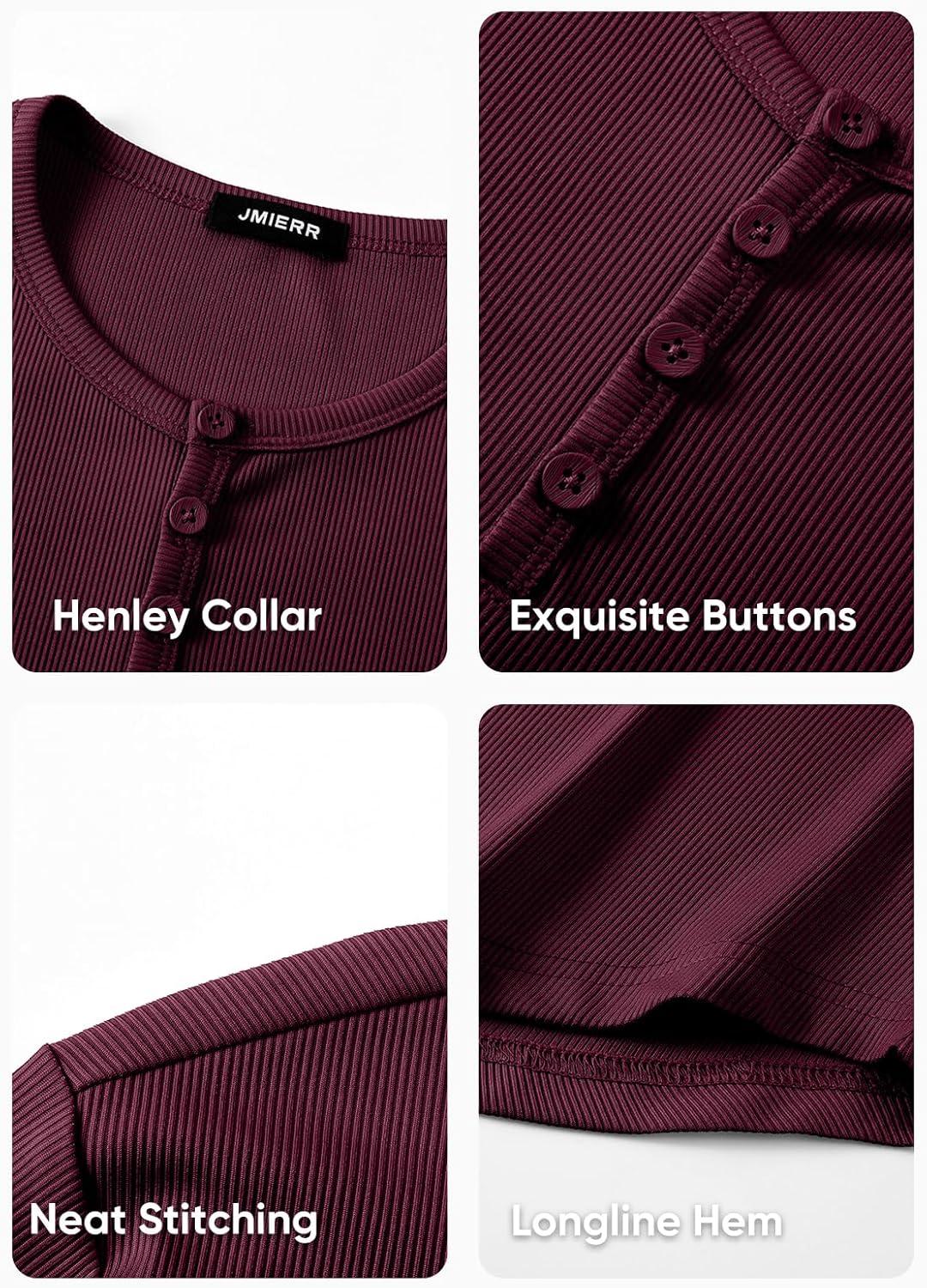 imageJMIERR Mens 2025 Fall Fashion Casual Henley Shirt Long Sleeve Slim Fitted Shirts Curved Hem for Athletic Gym WorkoutC Red