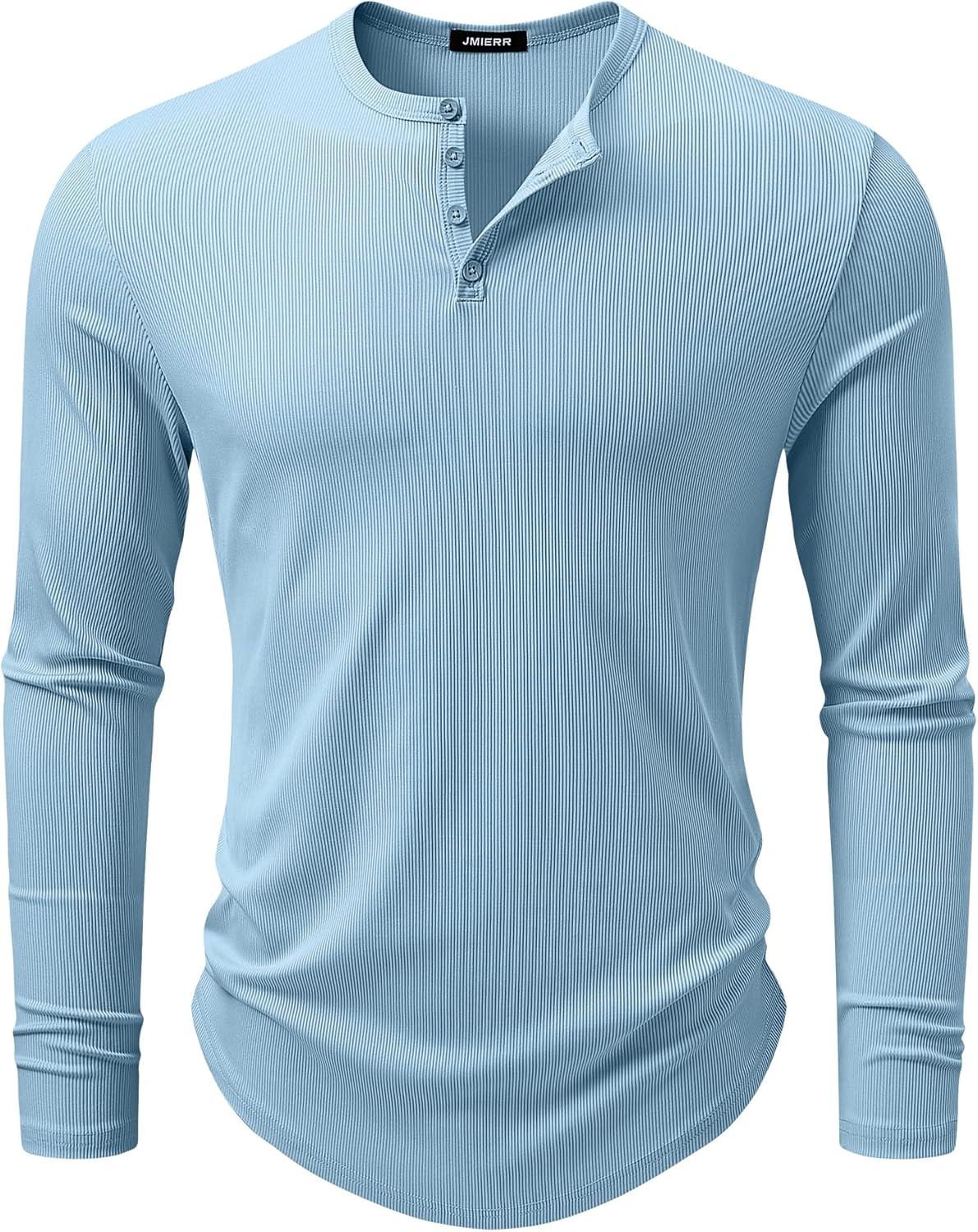 imageJMIERR Mens 2025 Fall Fashion Casual Henley Shirt Long Sleeve Slim Fitted Shirts Curved Hem for Athletic Gym WorkoutD Blue 2