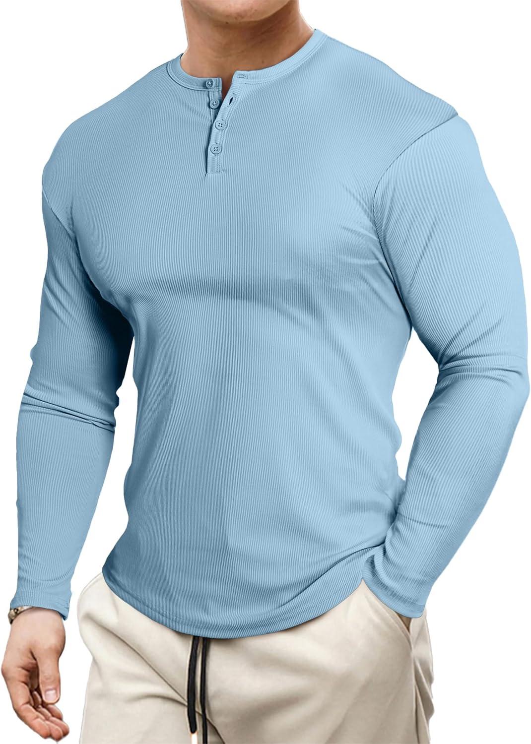 imageJMIERR Mens 2025 Fall Fashion Casual Henley Shirt Long Sleeve Slim Fitted Shirts Curved Hem for Athletic Gym WorkoutD Blue 2