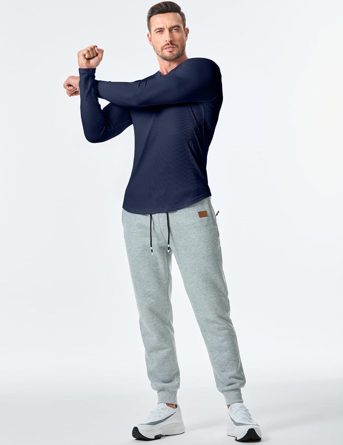 imageJMIERR Mens 2025 Fall Fashion Casual Henley Shirt Long Sleeve Slim Fitted Shirts Curved Hem for Athletic Gym WorkoutD Blue