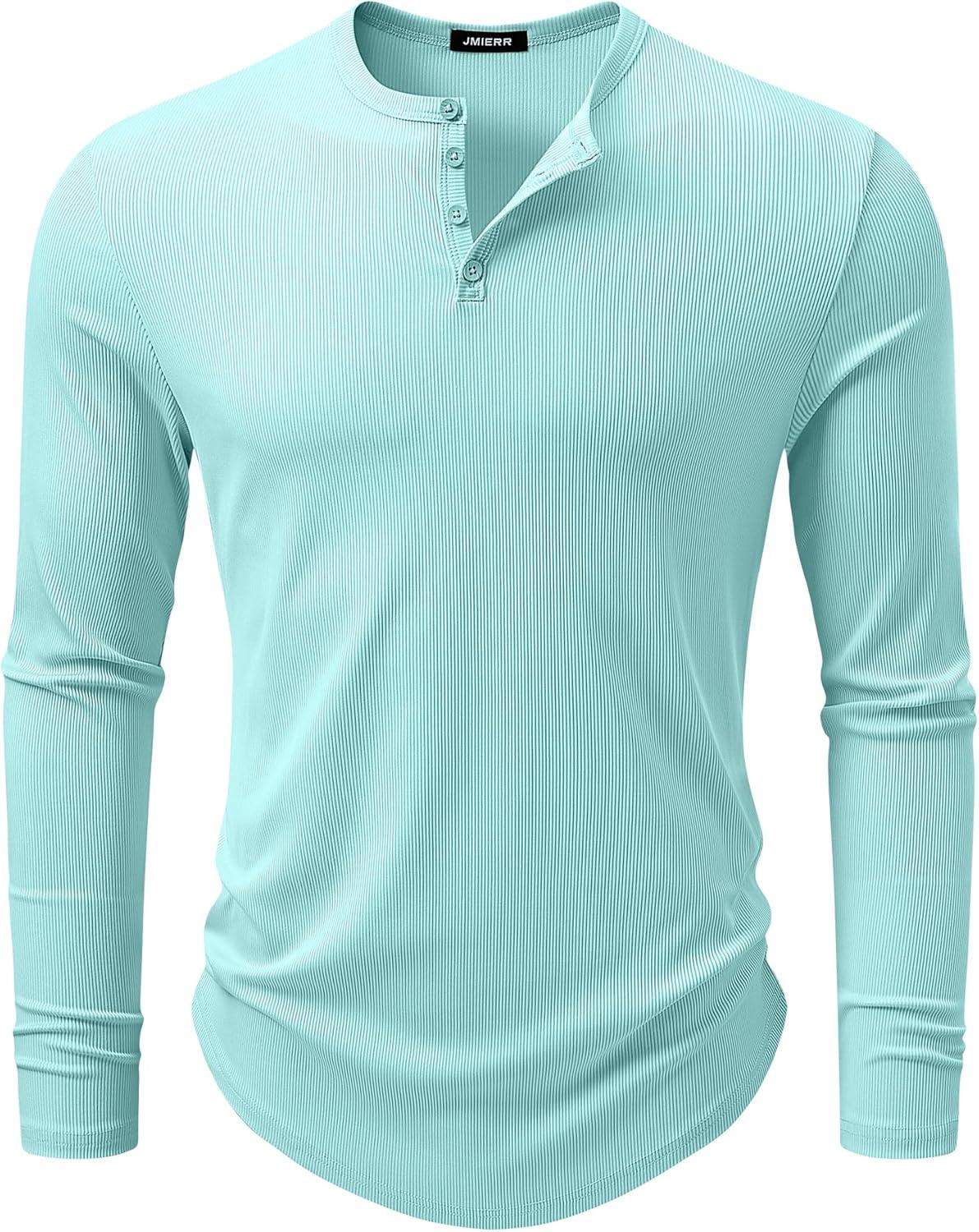 imageJMIERR Mens 2025 Fall Fashion Casual Henley Shirt Long Sleeve Slim Fitted Shirts Curved Hem for Athletic Gym WorkoutD Blue 4