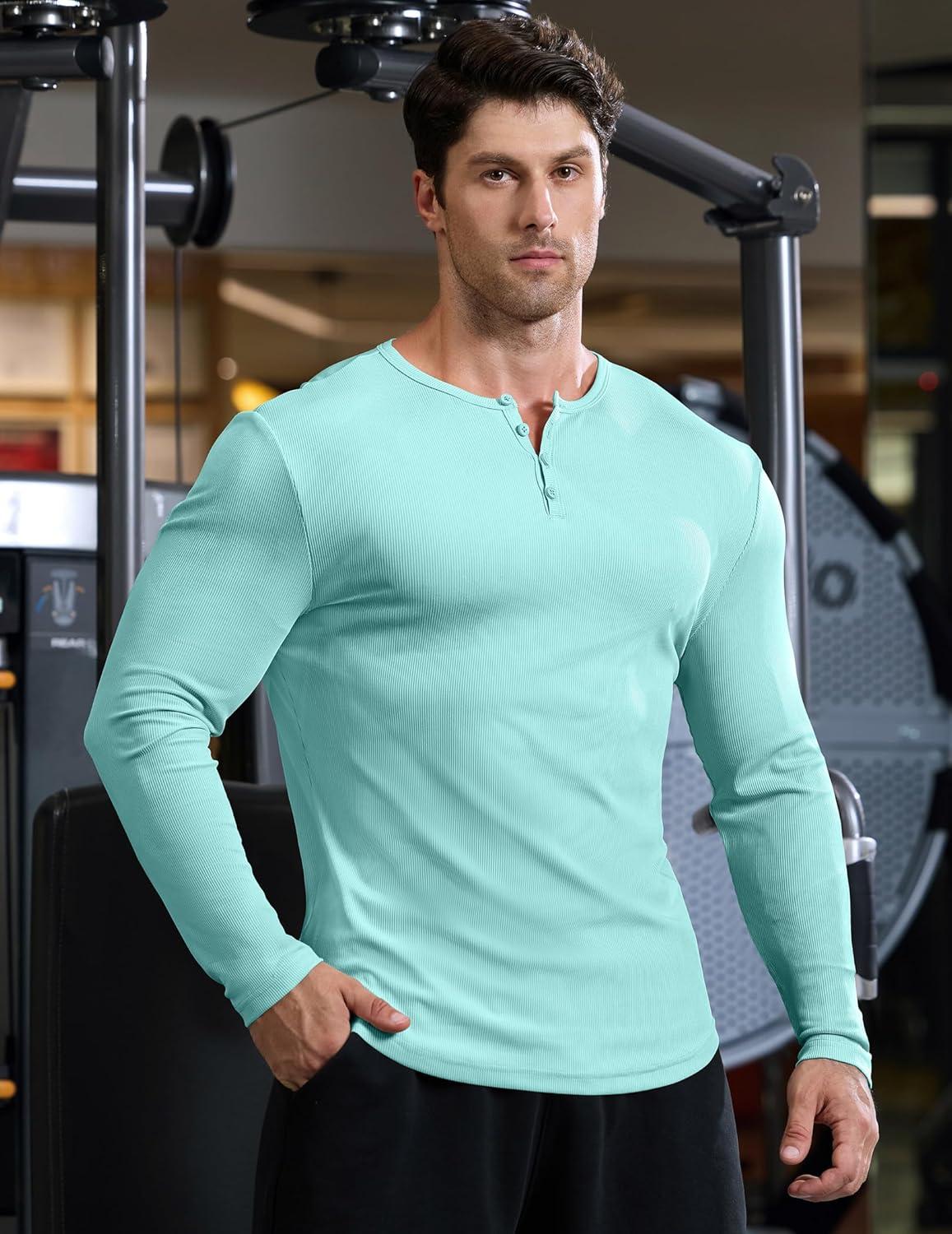 imageJMIERR Mens 2025 Fall Fashion Casual Henley Shirt Long Sleeve Slim Fitted Shirts Curved Hem for Athletic Gym WorkoutD Blue 4