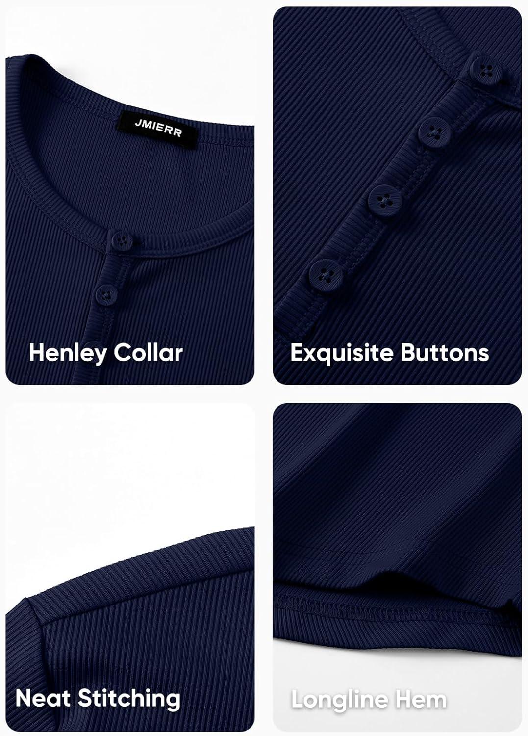 imageJMIERR Mens 2025 Fall Fashion Casual Henley Shirt Long Sleeve Slim Fitted Shirts Curved Hem for Athletic Gym WorkoutD Blue