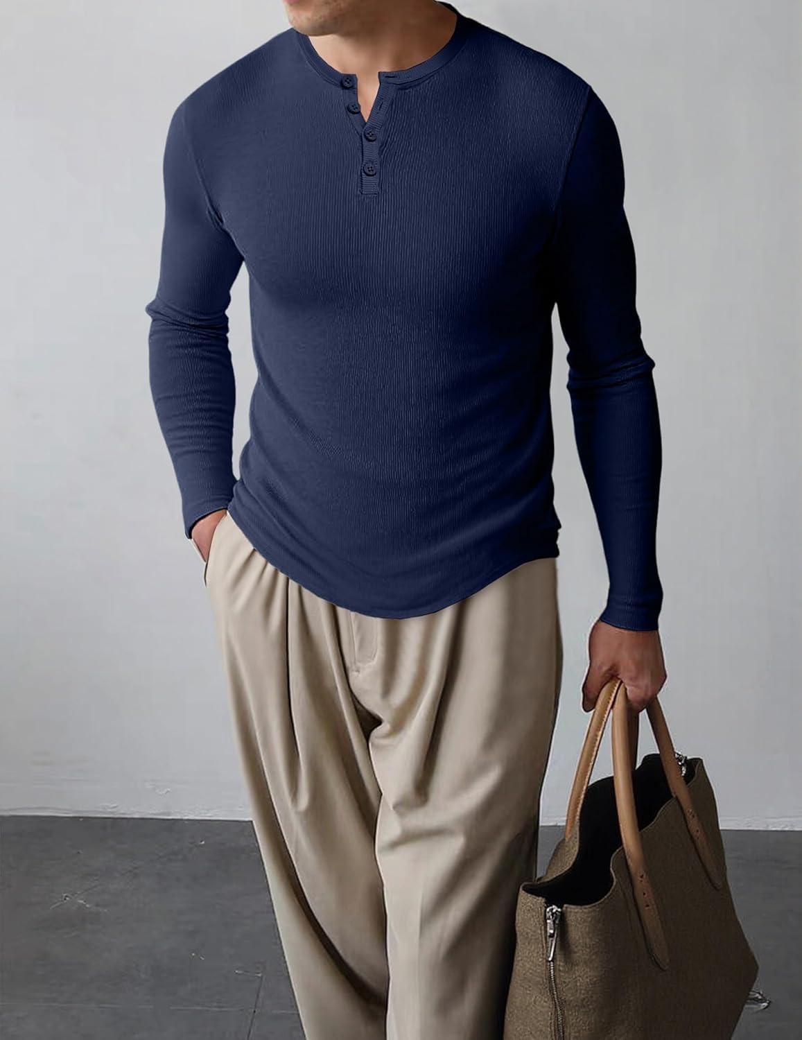 imageJMIERR Mens 2025 Fall Fashion Casual Henley Shirt Long Sleeve Slim Fitted Shirts Curved Hem for Athletic Gym WorkoutD Blue