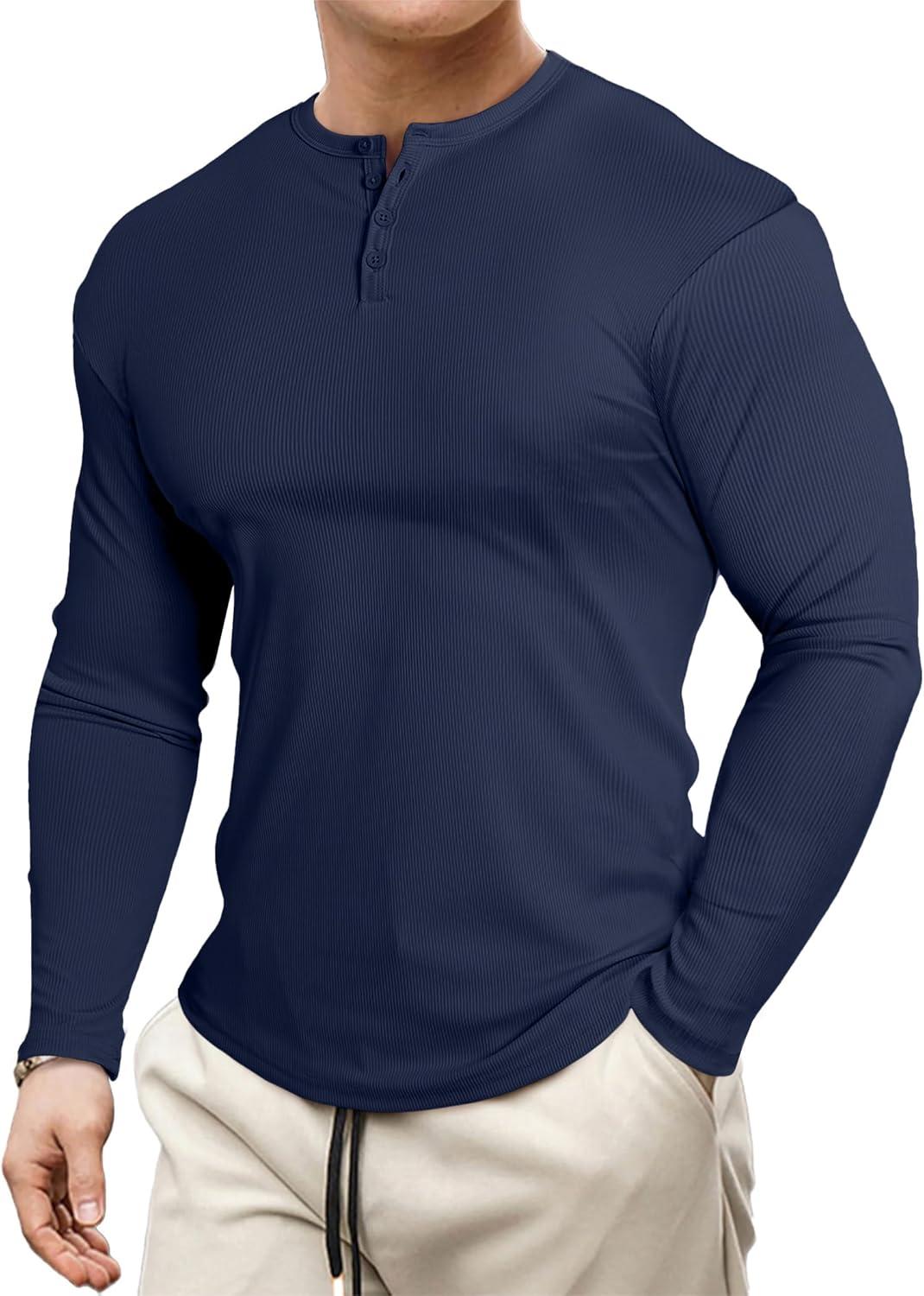 imageJMIERR Mens 2025 Fall Fashion Casual Henley Shirt Long Sleeve Slim Fitted Shirts Curved Hem for Athletic Gym WorkoutD Blue