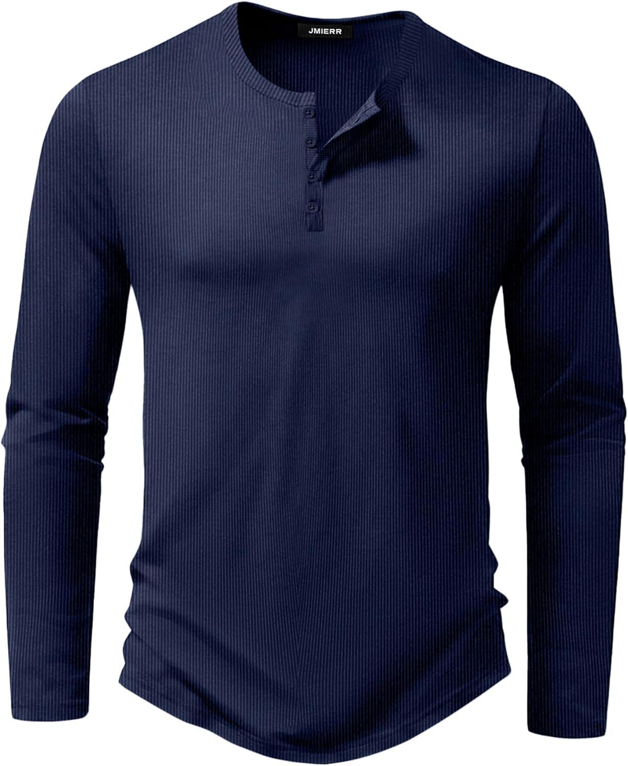 imageJMIERR Mens 2025 Fall Fashion Casual Henley Shirt Long Sleeve Slim Fitted Shirts Curved Hem for Athletic Gym WorkoutD Blue
