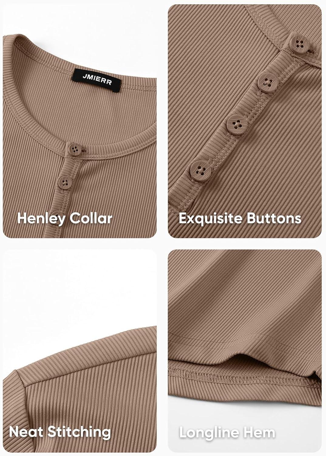 imageJMIERR Mens 2025 Fall Fashion Casual Henley Shirt Long Sleeve Slim Fitted Shirts Curved Hem for Athletic Gym WorkoutD Brown