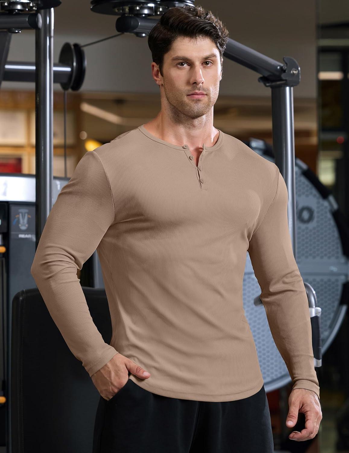 imageJMIERR Mens 2025 Fall Fashion Casual Henley Shirt Long Sleeve Slim Fitted Shirts Curved Hem for Athletic Gym WorkoutD Brown