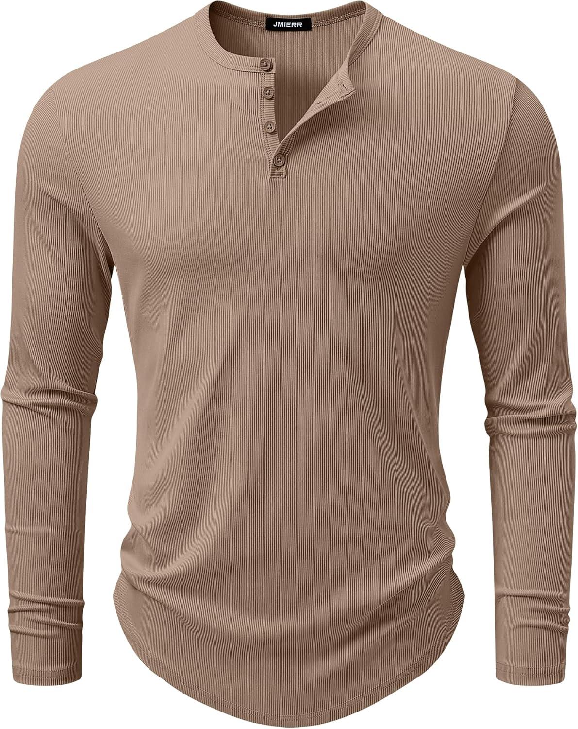 imageJMIERR Mens 2025 Fall Fashion Casual Henley Shirt Long Sleeve Slim Fitted Shirts Curved Hem for Athletic Gym WorkoutD Brown