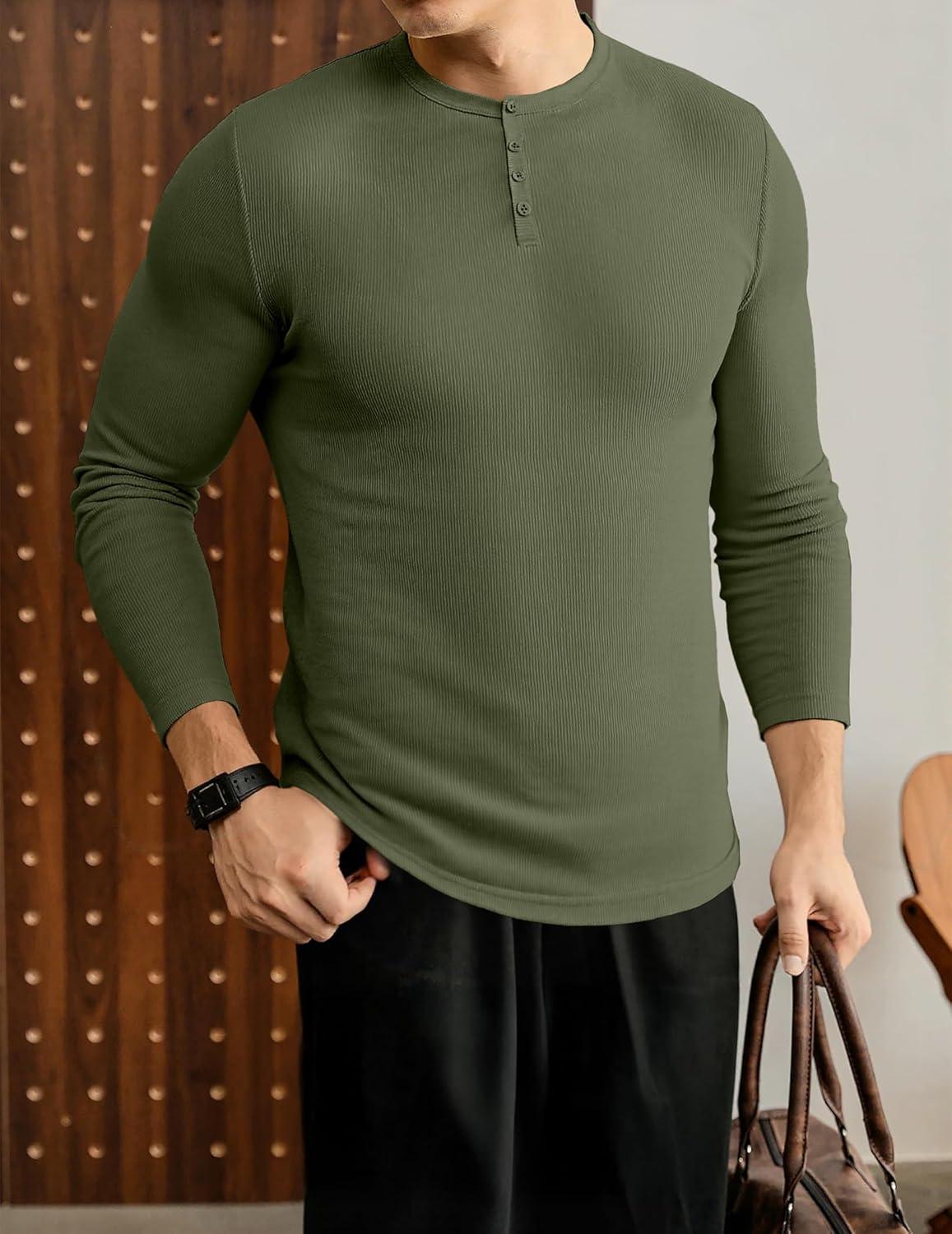 imageJMIERR Mens 2025 Fall Fashion Casual Henley Shirt Long Sleeve Slim Fitted Shirts Curved Hem for Athletic Gym WorkoutD Green