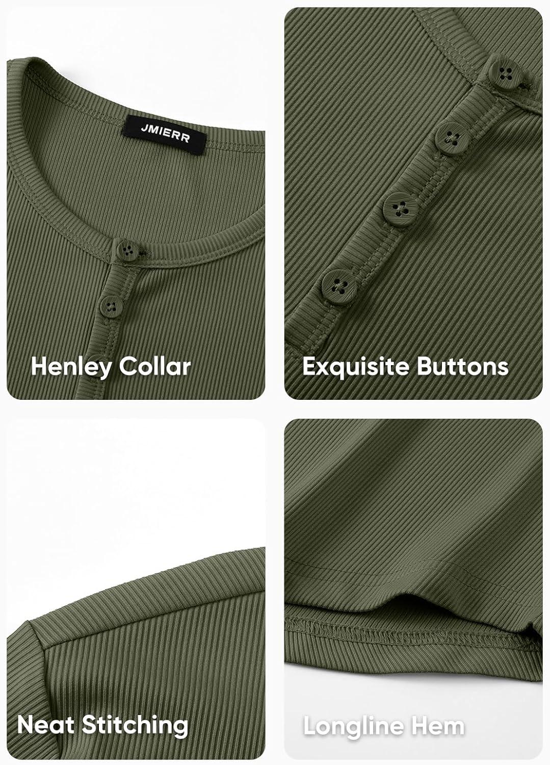 imageJMIERR Mens 2025 Fall Fashion Casual Henley Shirt Long Sleeve Slim Fitted Shirts Curved Hem for Athletic Gym WorkoutD Green