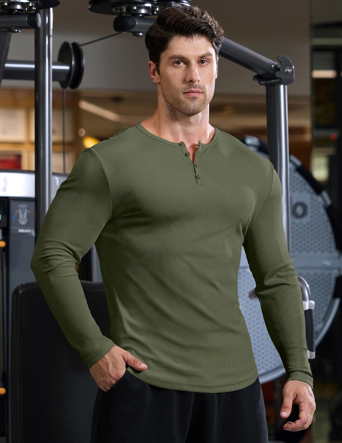 imageJMIERR Mens 2025 Fall Fashion Casual Henley Shirt Long Sleeve Slim Fitted Shirts Curved Hem for Athletic Gym WorkoutD Green