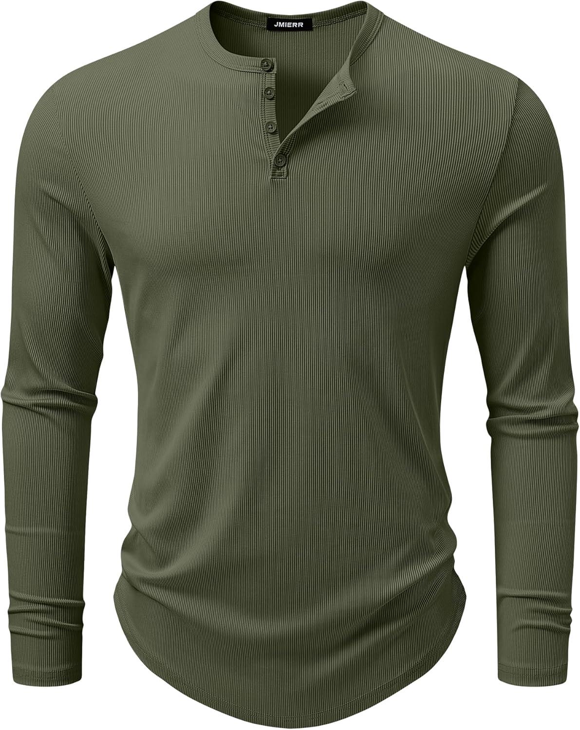imageJMIERR Mens 2025 Fall Fashion Casual Henley Shirt Long Sleeve Slim Fitted Shirts Curved Hem for Athletic Gym WorkoutD Green
