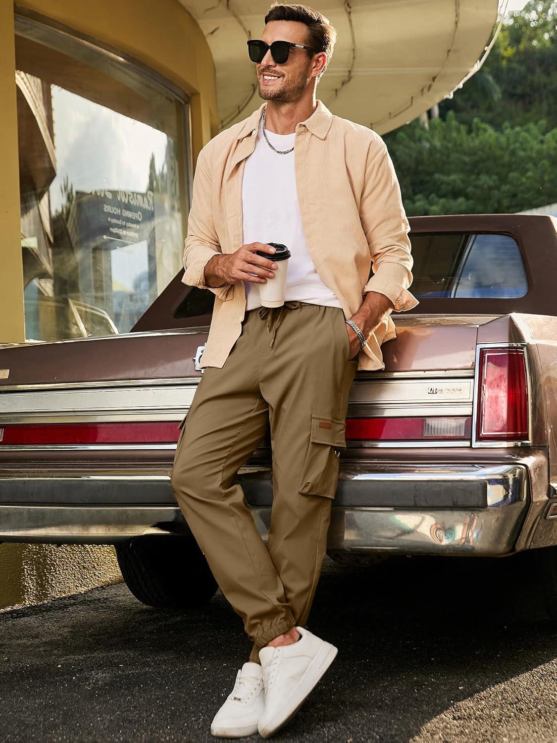 imageJMIERR Mens Cargo Pants Casual Lightweight Elastic Waist Drawstring Tapered Pant with PocketsBreen