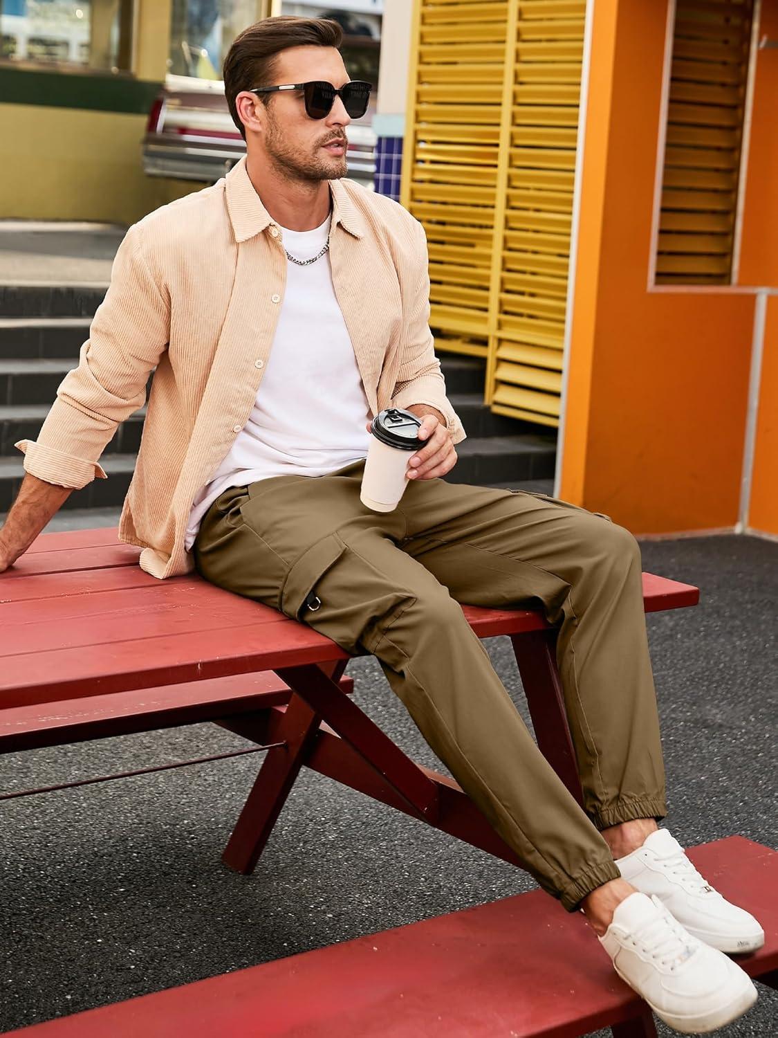 imageJMIERR Mens Cargo Pants Casual Lightweight Elastic Waist Drawstring Tapered Pant with PocketsBreen