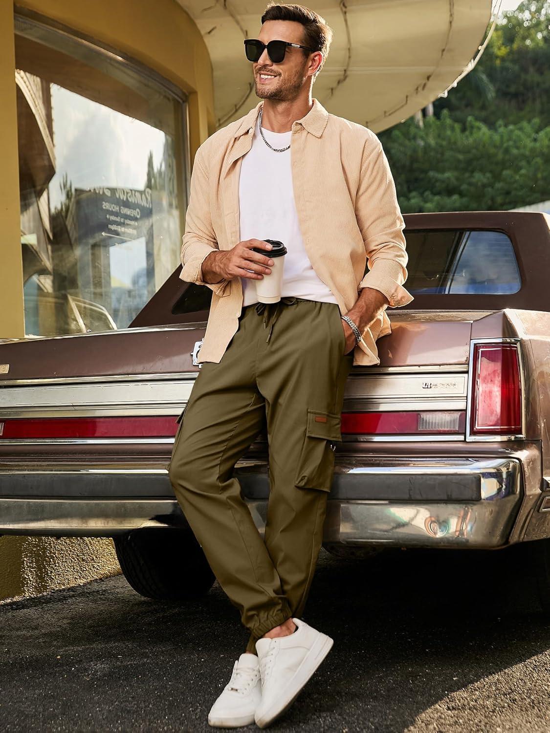 imageJMIERR Mens Cargo Pants Casual Lightweight Elastic Waist Drawstring Tapered Pant with PocketsBrown